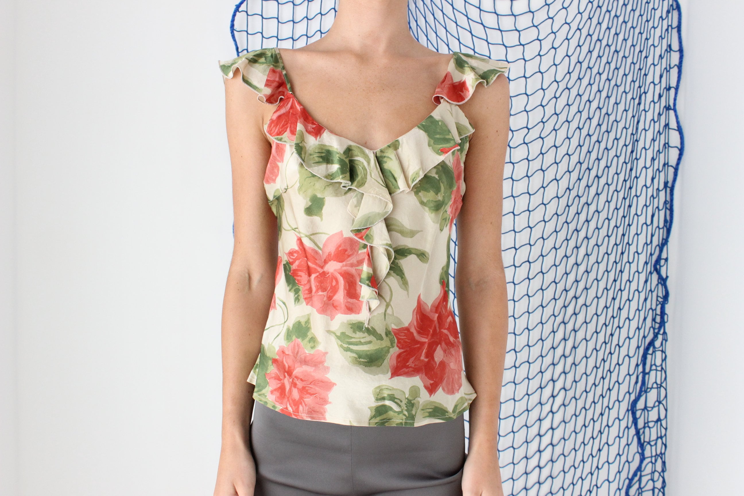 FOUND IN GREECE Y2K Pure Silk Ruffle Rose Cami