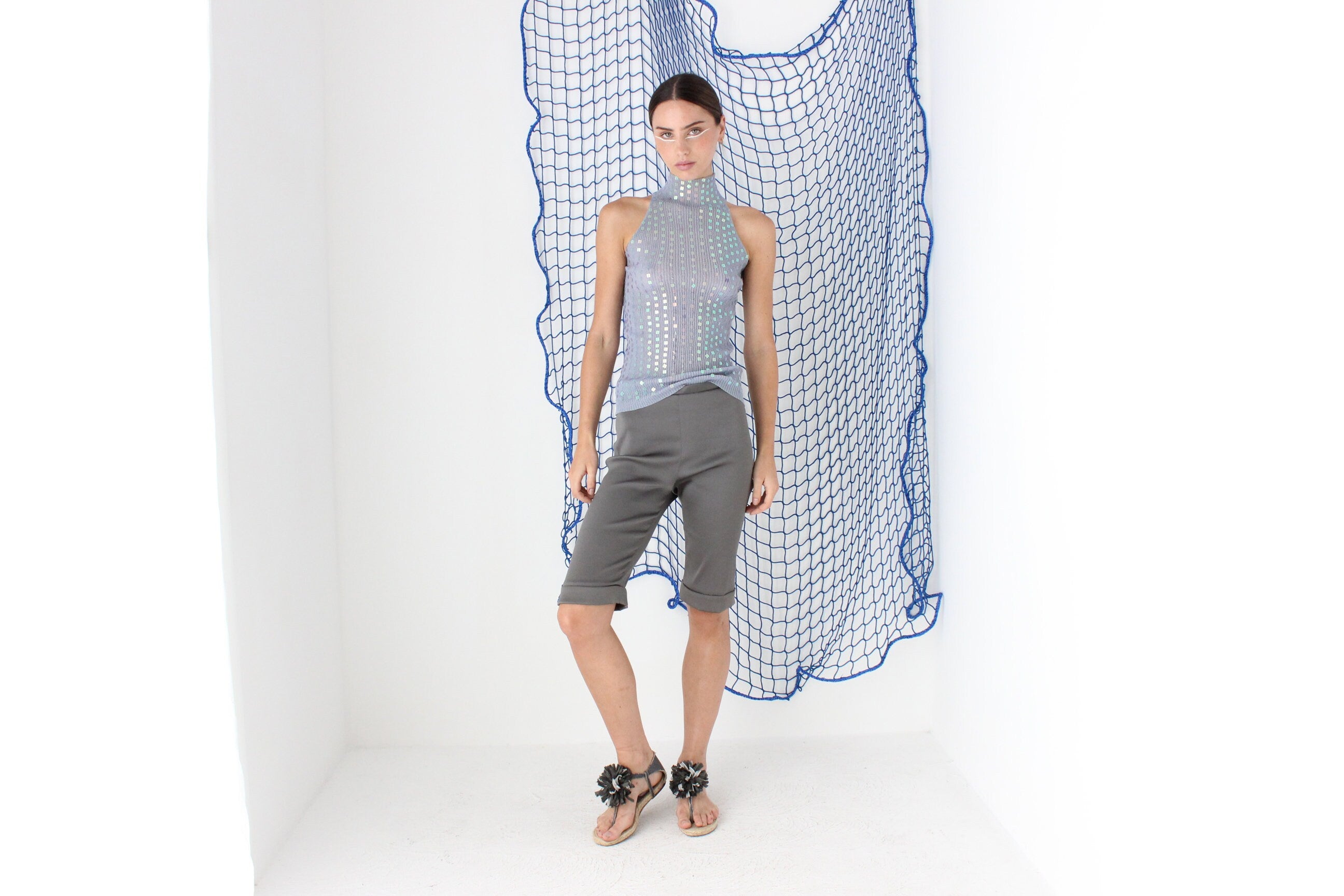 FOUND IN GREECE Y2K Stretch Knit Top & Cardigan Set w/ Iridescent Sequins