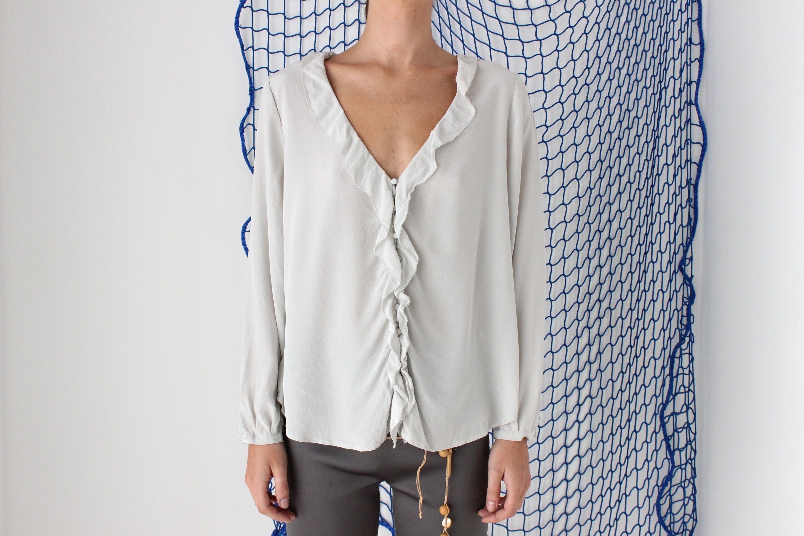 FOUND IN GREECE 90s Pure Silk Pastel Ruffle Blouse