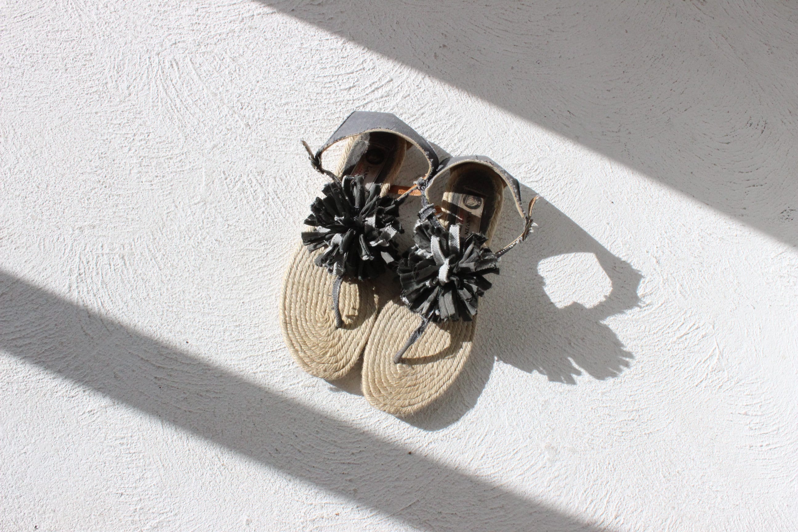 FOUND IN GREECE 90s Lanvin Paris Distressed Denim Art Rope Pom Pom Flat Sandals ~ Euro 40