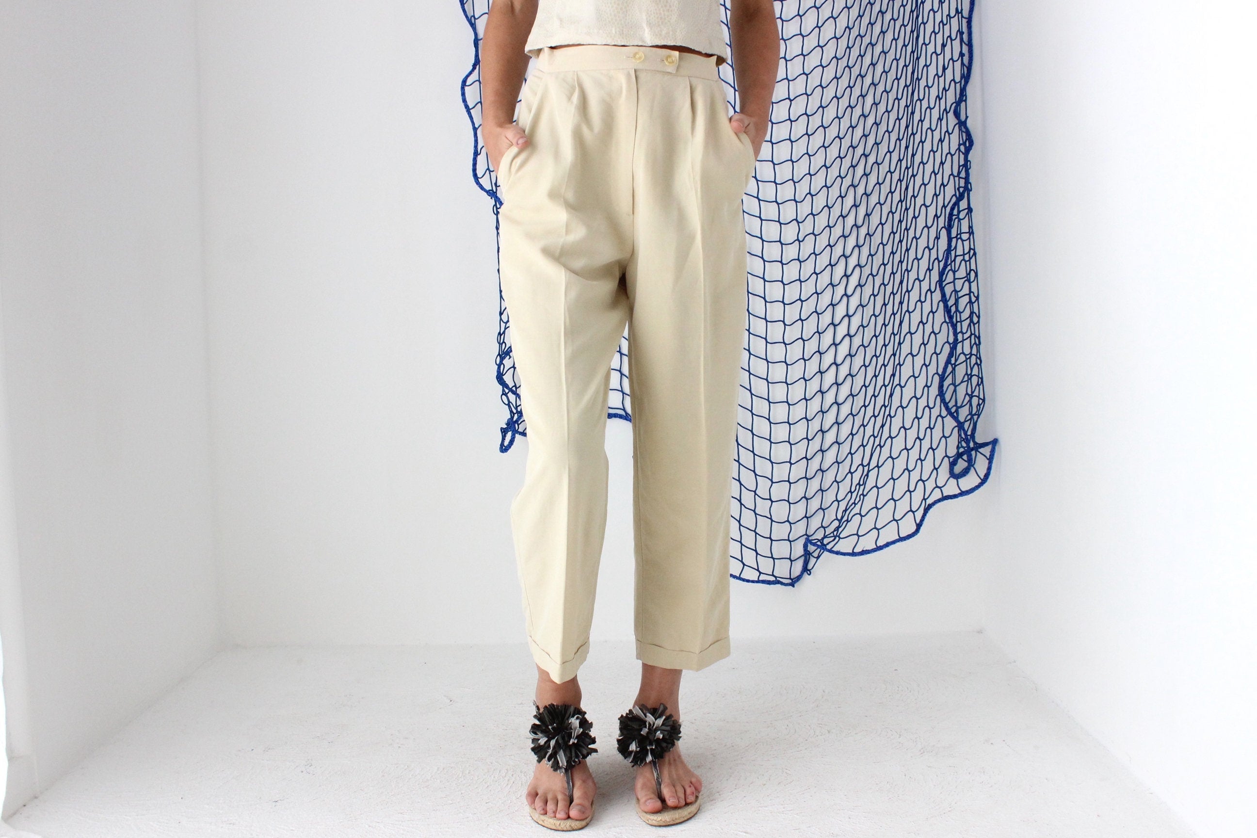 FOUND IN GREECE 90s Cream Crepe Cropped Trousers