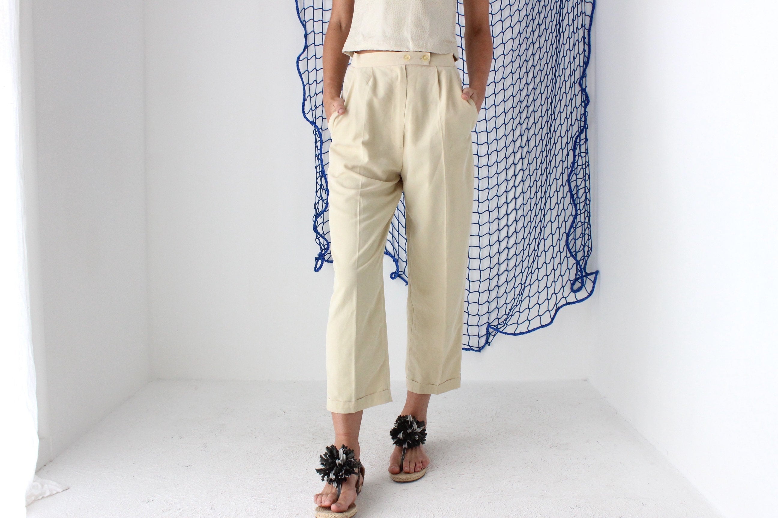 FOUND IN GREECE 90s Cream Crepe Cropped Trousers