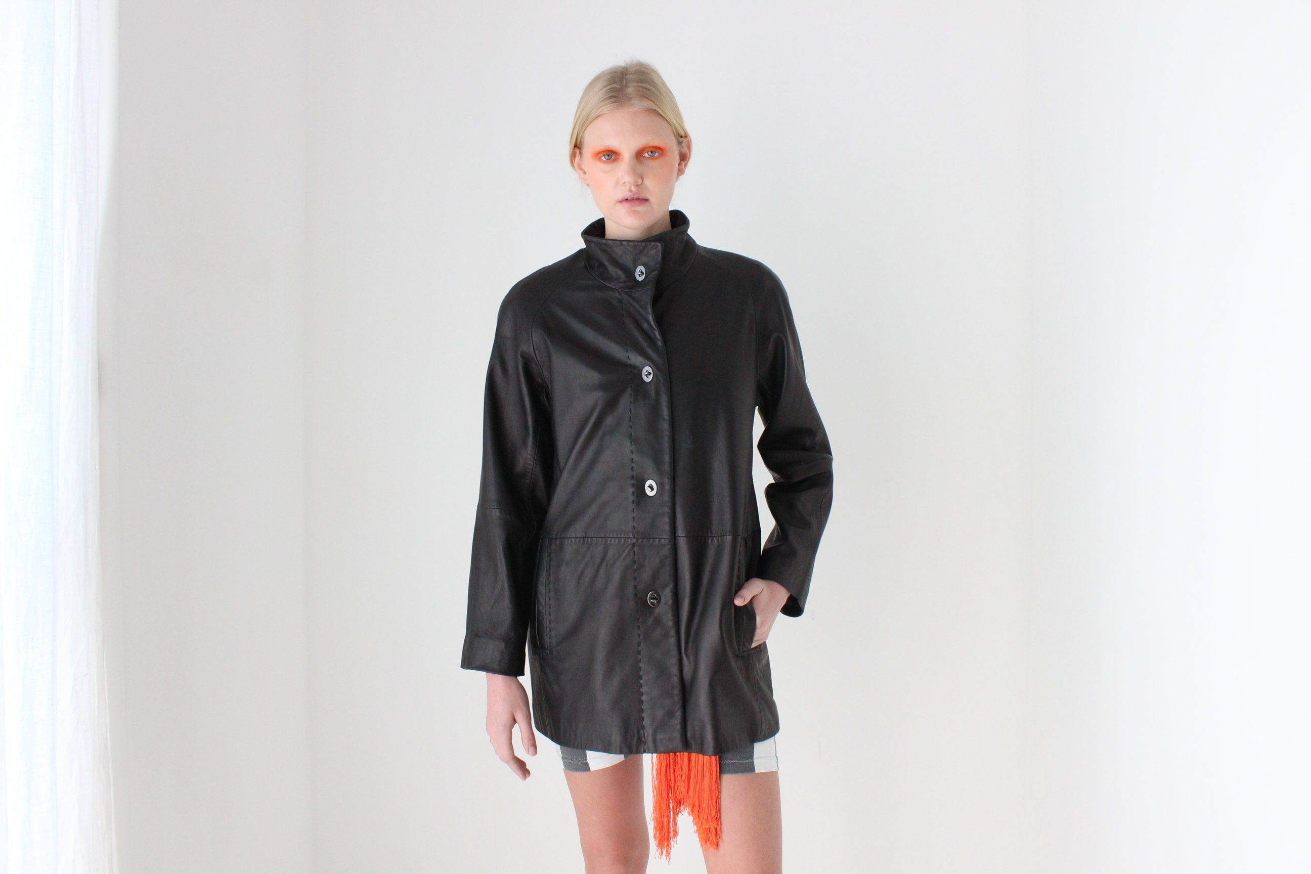Y2K Ridiculously Soft Minimal Leather High Collar Jacket