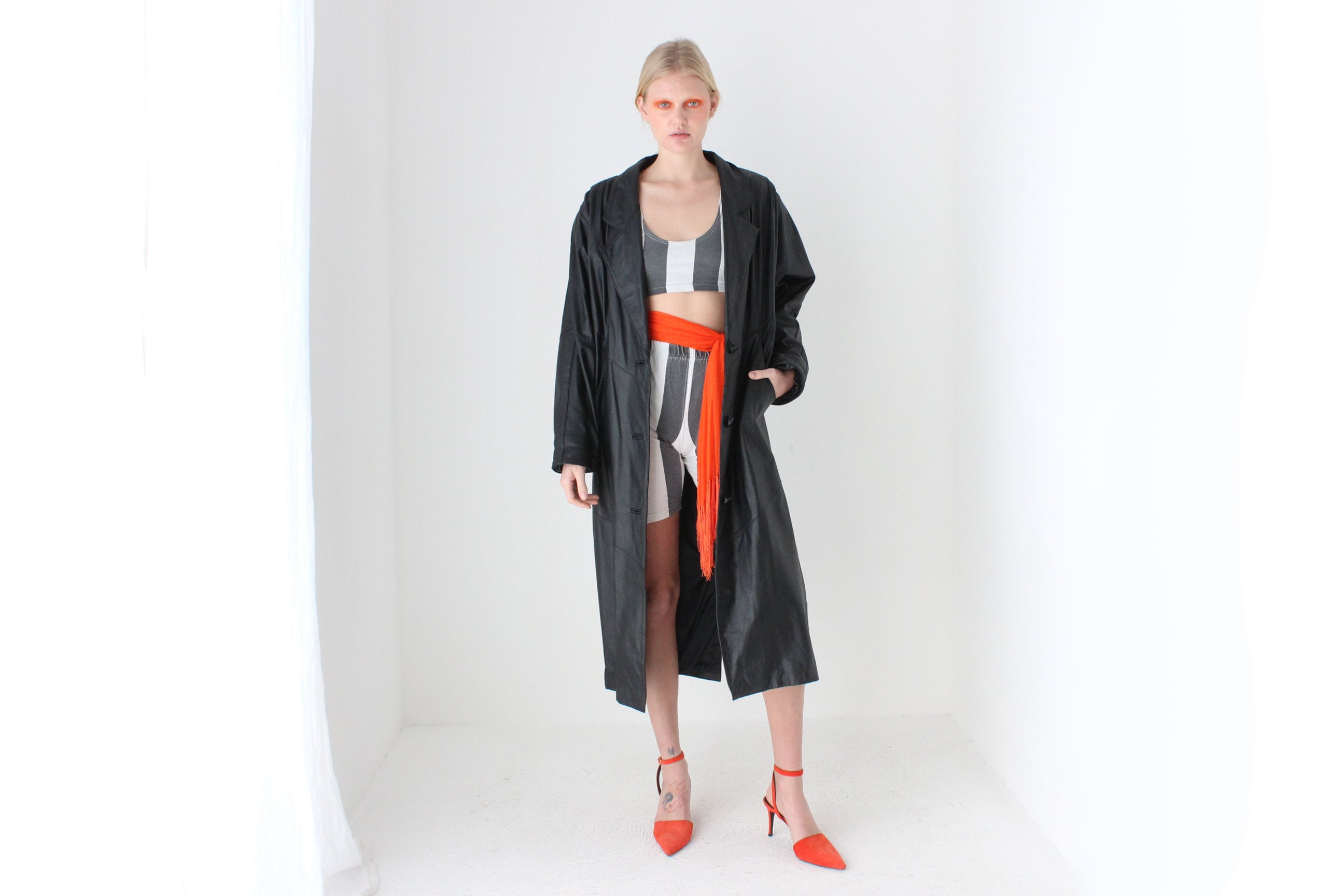 80s {Genuine Leather} Relaxed & Roomy Black Trench Coat