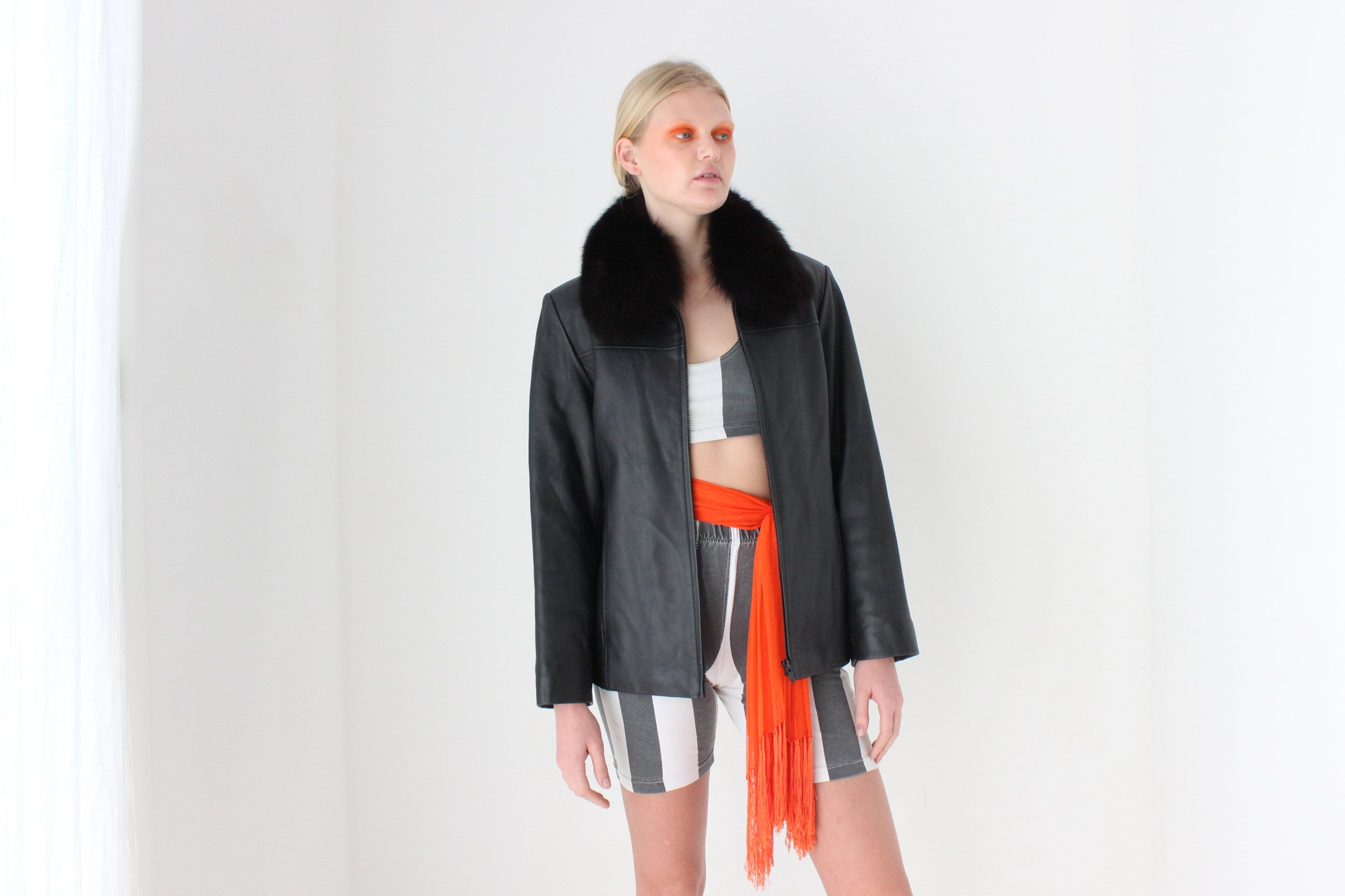 Y2K {Genuine Lambskin LEATHER + Fox FUR Collar} Zip Front Bomber Jacket