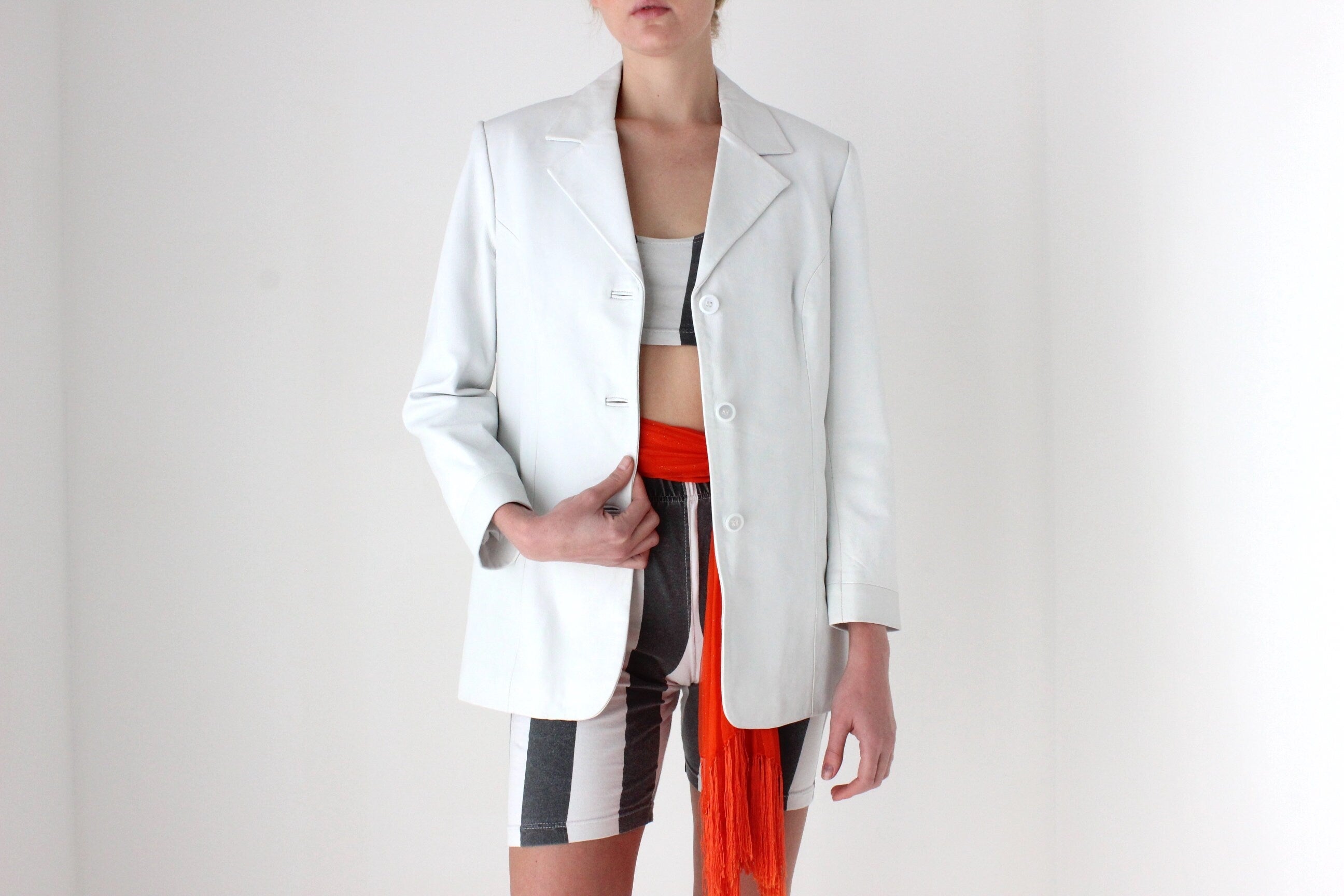 Minimal 90s White Leather Boxy Button Up Blazer Jacket