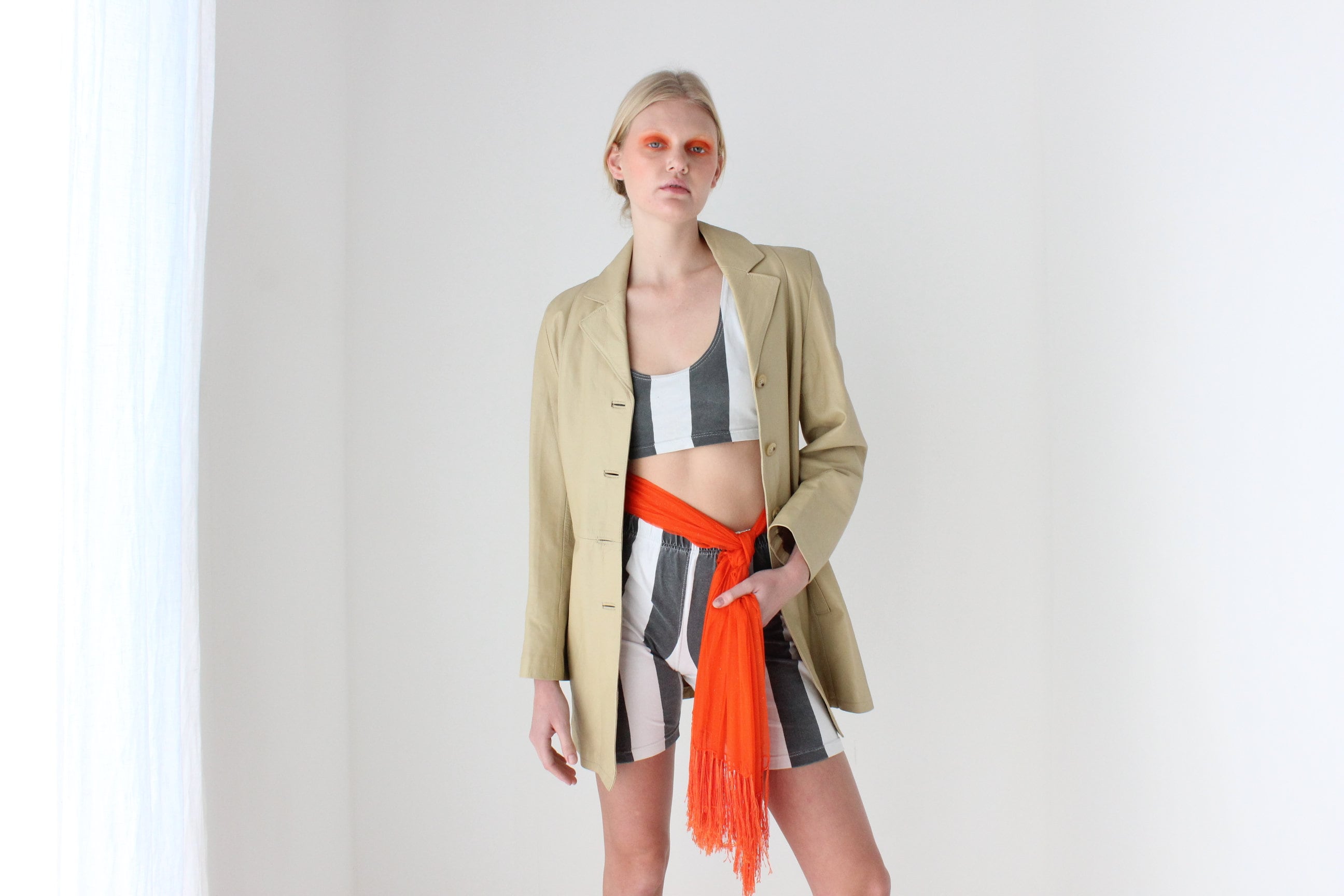 90s Spanish Leather Minimal Beige Button Up Coat by Manuel Herrero, Madrid