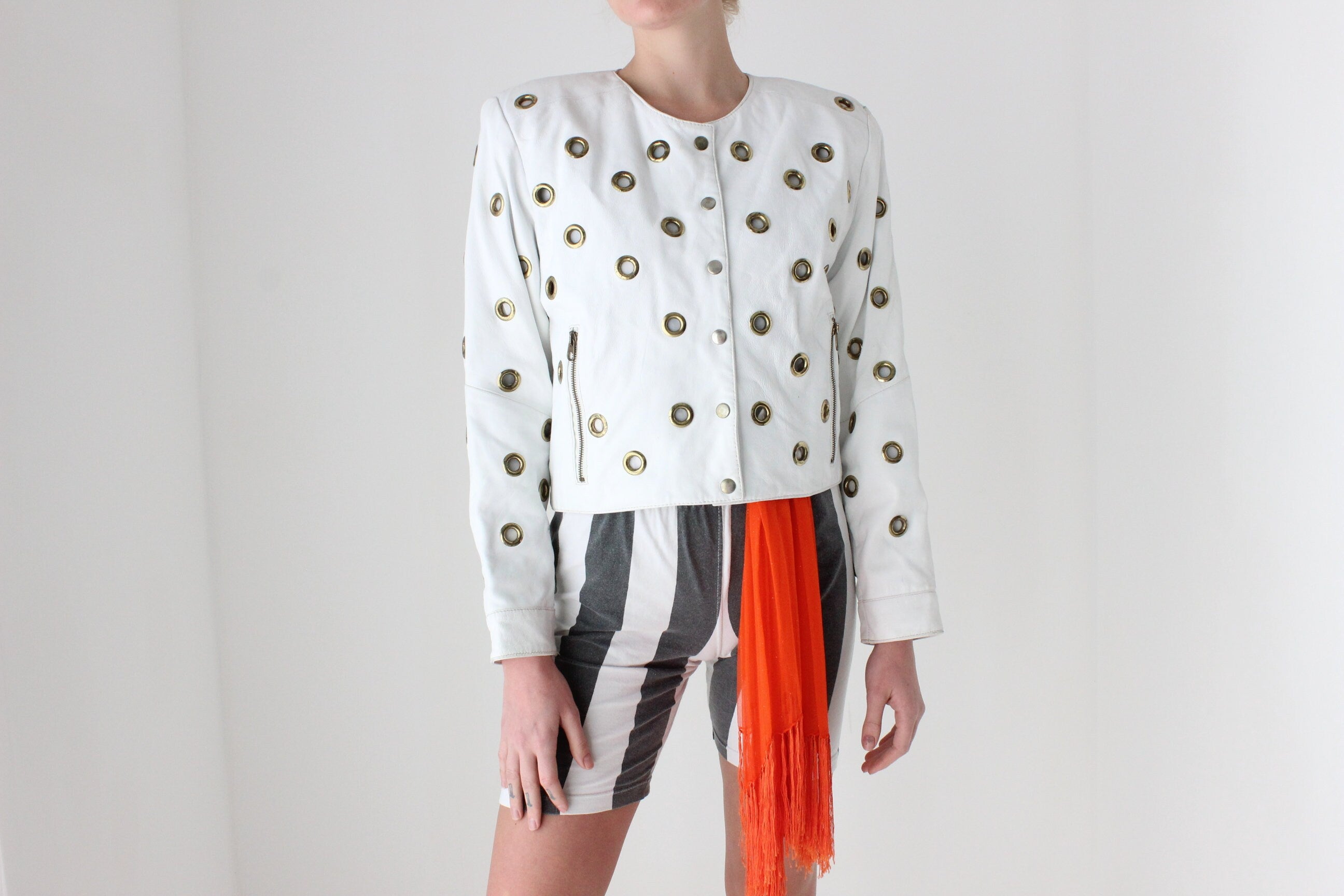 80s White Leather Cropped Jacket w/ Metal Grommets