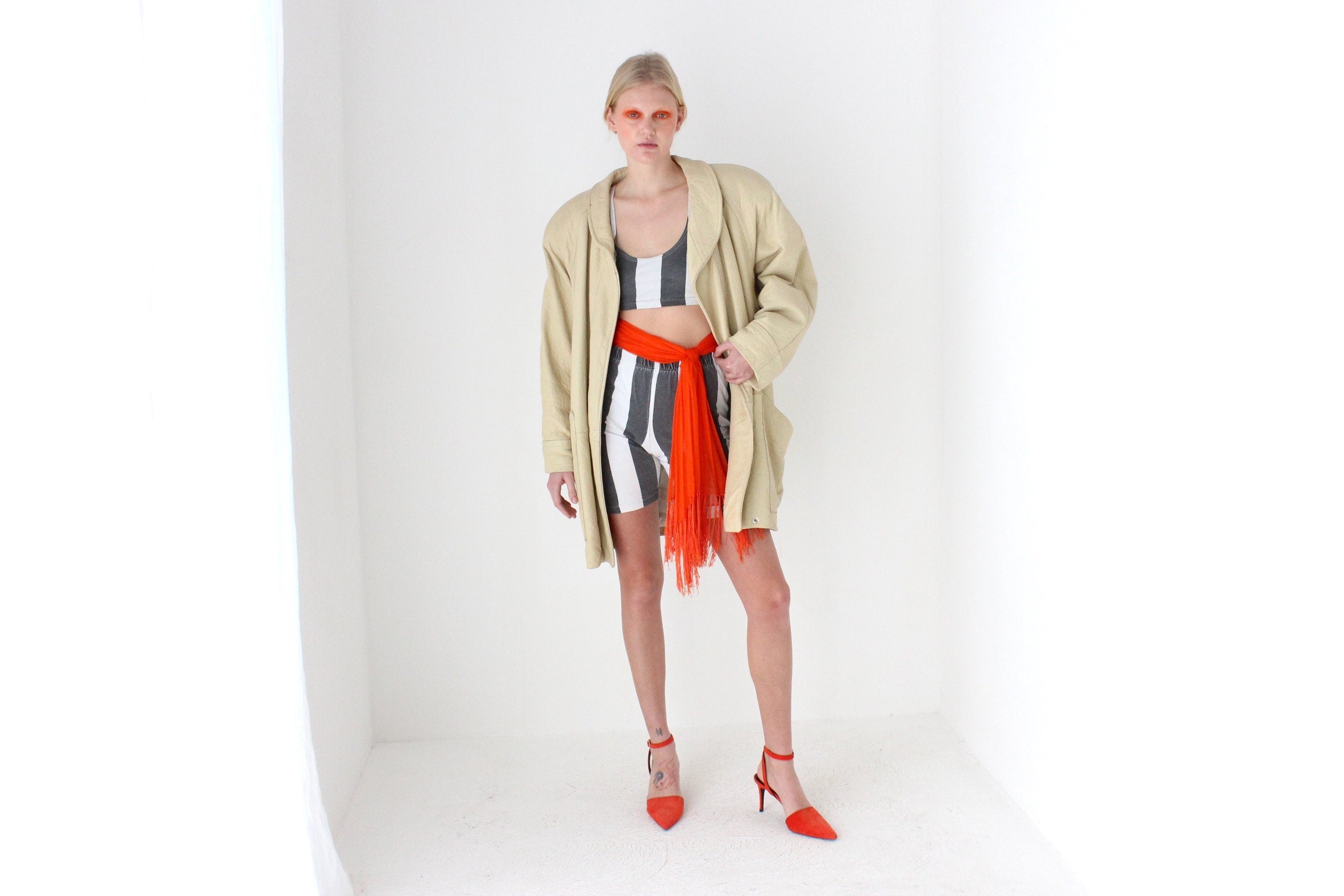 80s Vakko Bold Shoulder Neutral Leather Coat