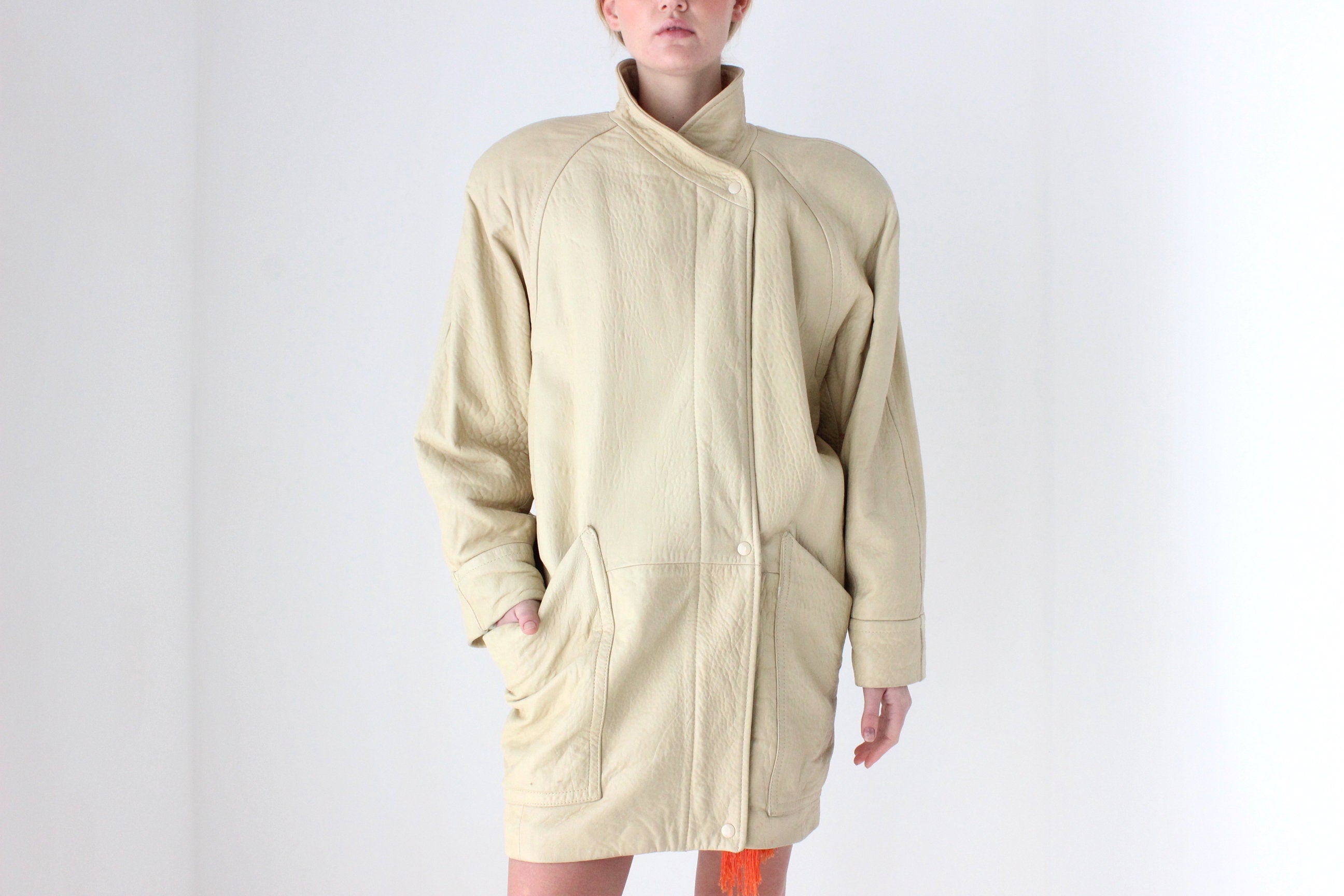 80s Vakko Bold Shoulder Neutral Leather Coat