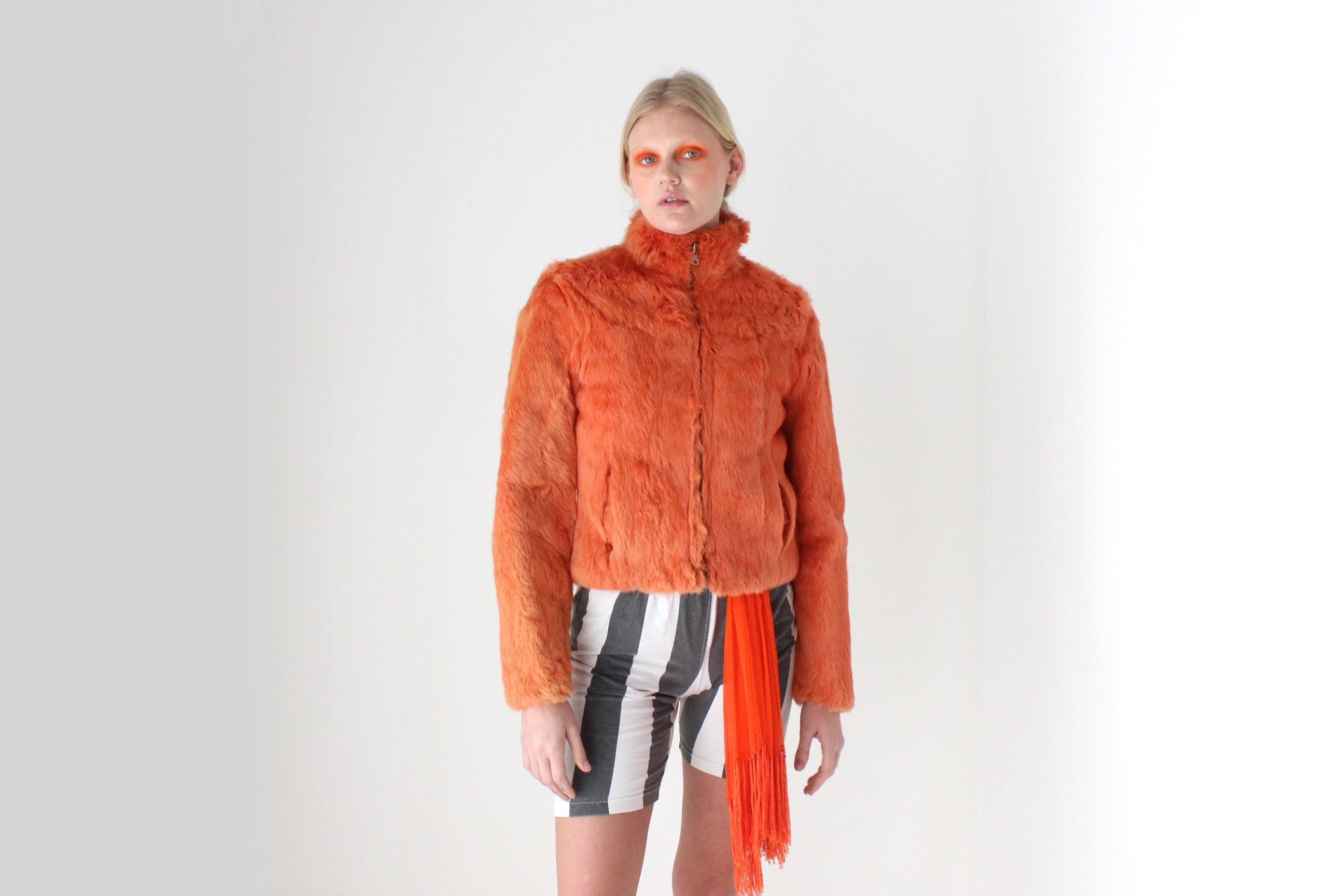 Y2K Real Rabbit Fur Reversible Bomber Jacket