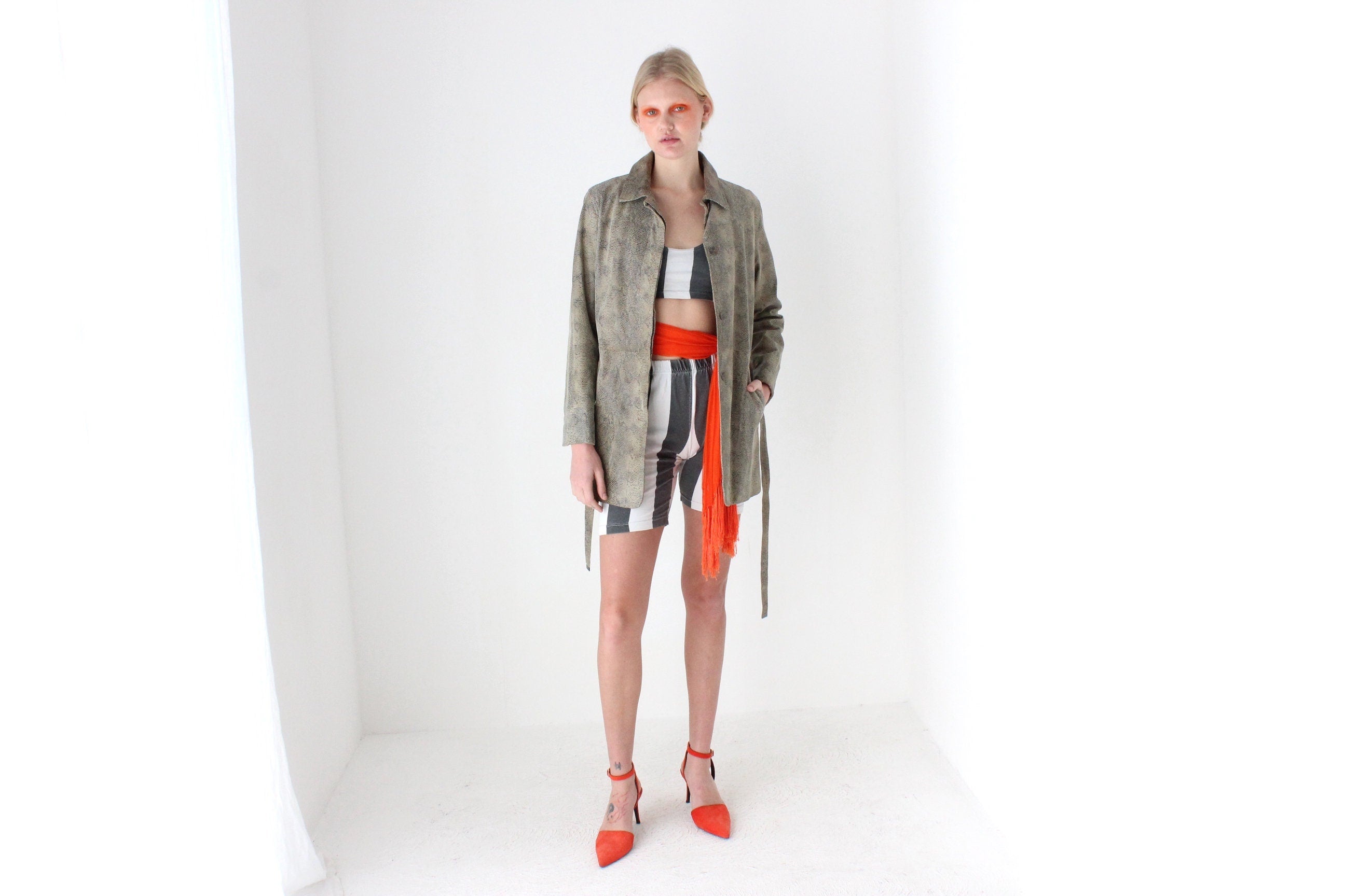 90s Snakeskin Python Look ~Genuine Leather~ Jacket w/ Tie Waist