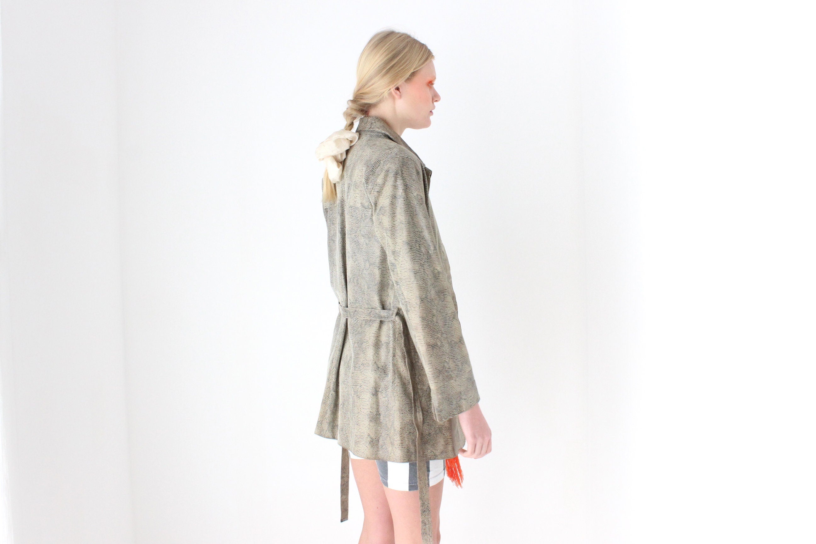 90s Snakeskin Python Look ~Genuine Leather~ Jacket w/ Tie Waist