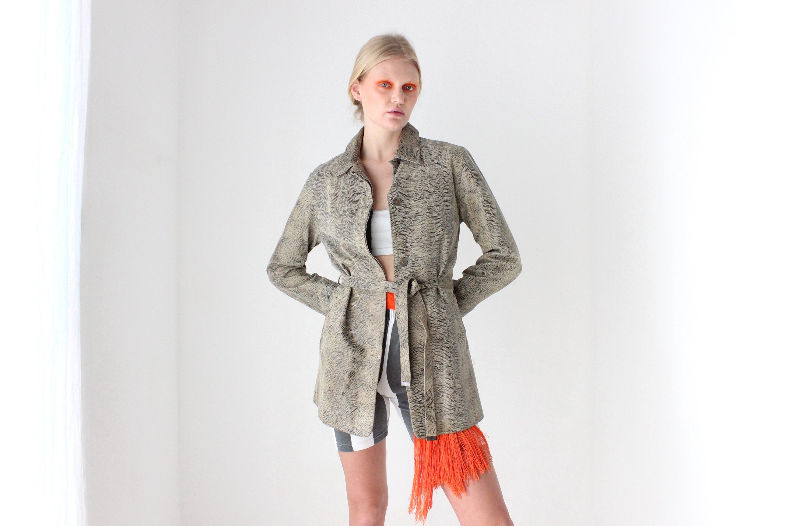 90s Snakeskin Python Look ~Genuine Leather~ Jacket w/ Tie Waist