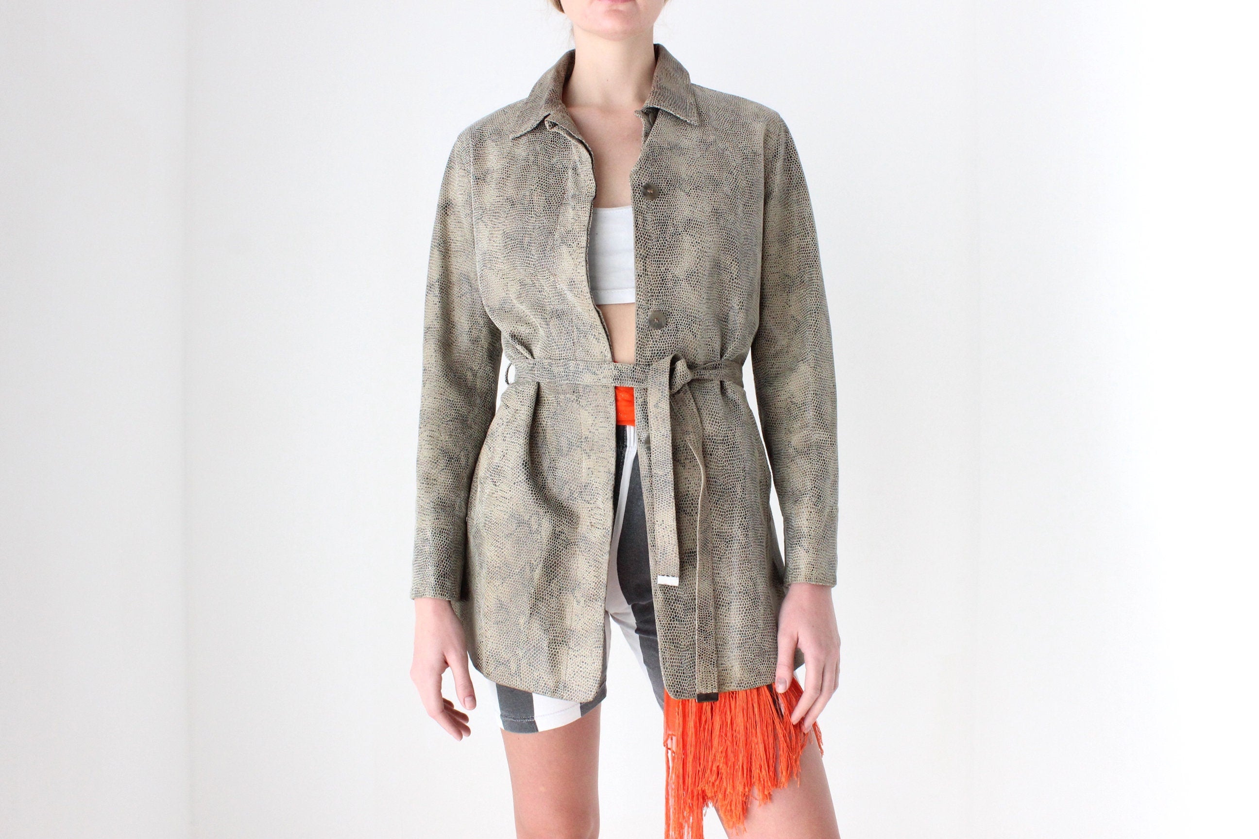 90s Snakeskin Python Look ~Genuine Leather~ Jacket w/ Tie Waist