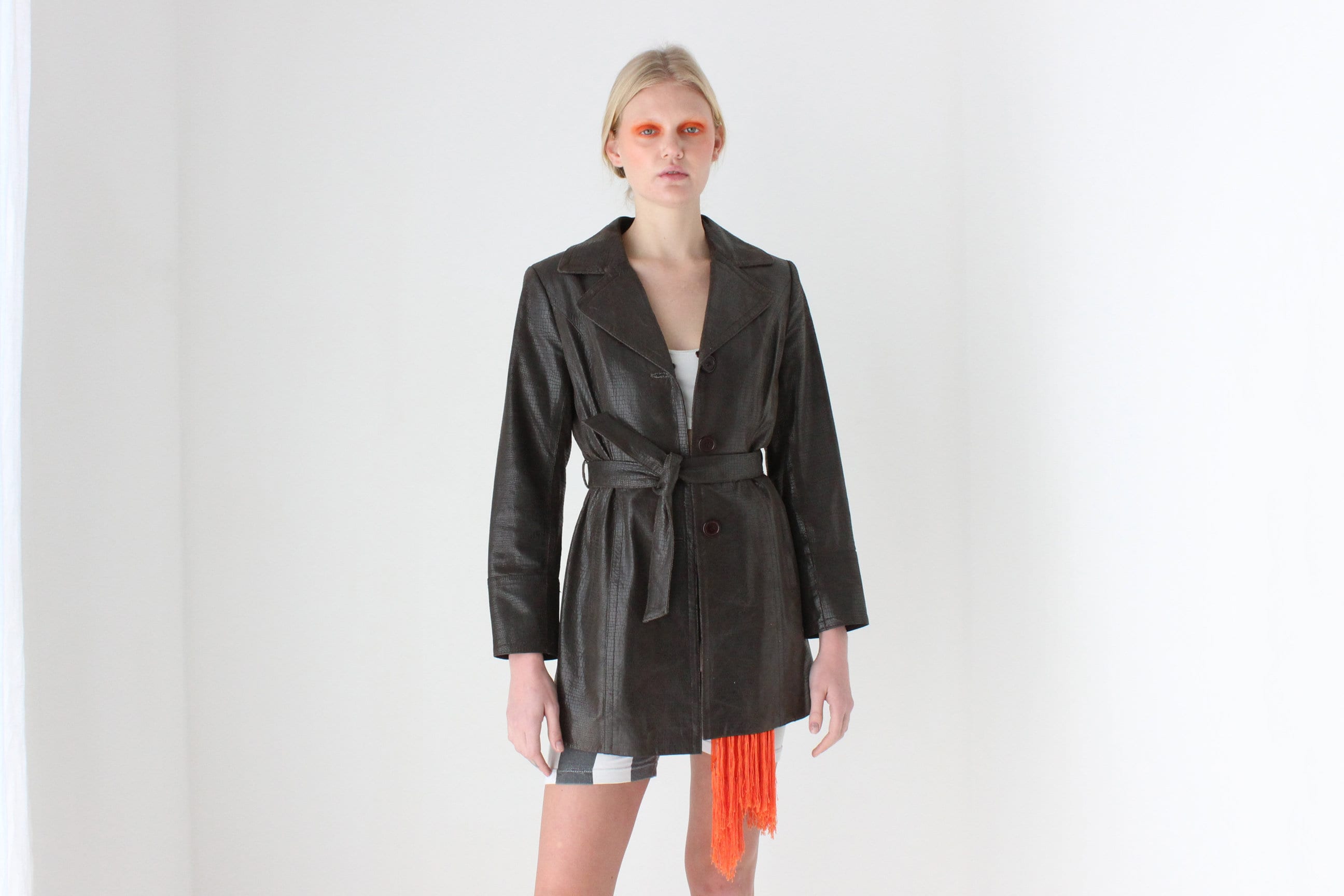 90s Python Texture Chocolate Leather Coat w/ Tie Waist