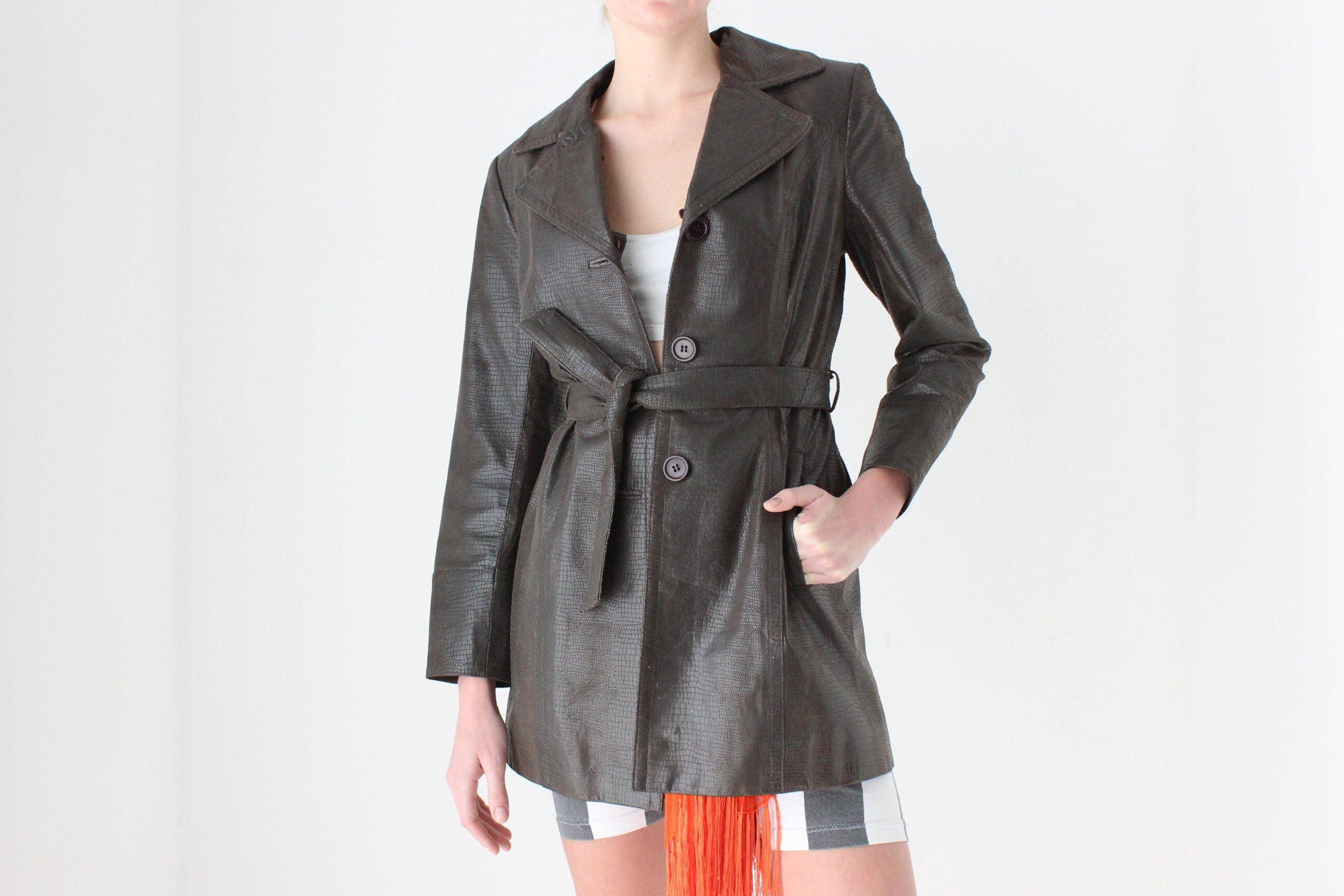 90s Python Texture Chocolate Leather Coat w/ Tie Waist