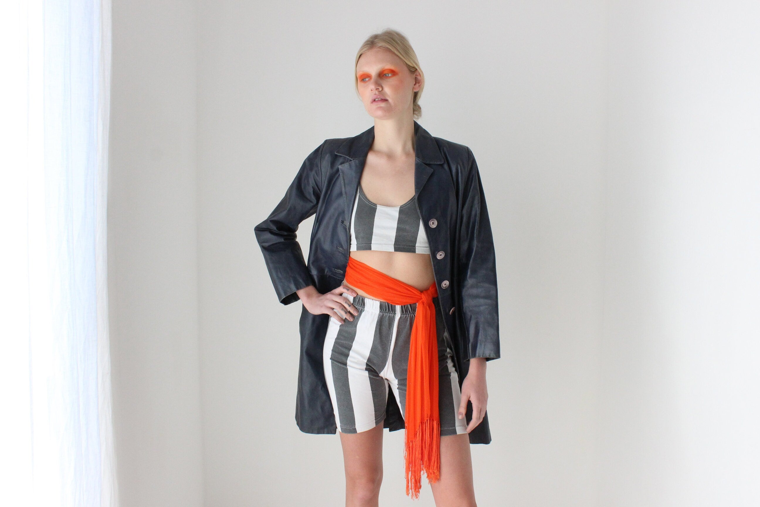 Characterful 90s Navy Blue Italian Leather Trench Coat