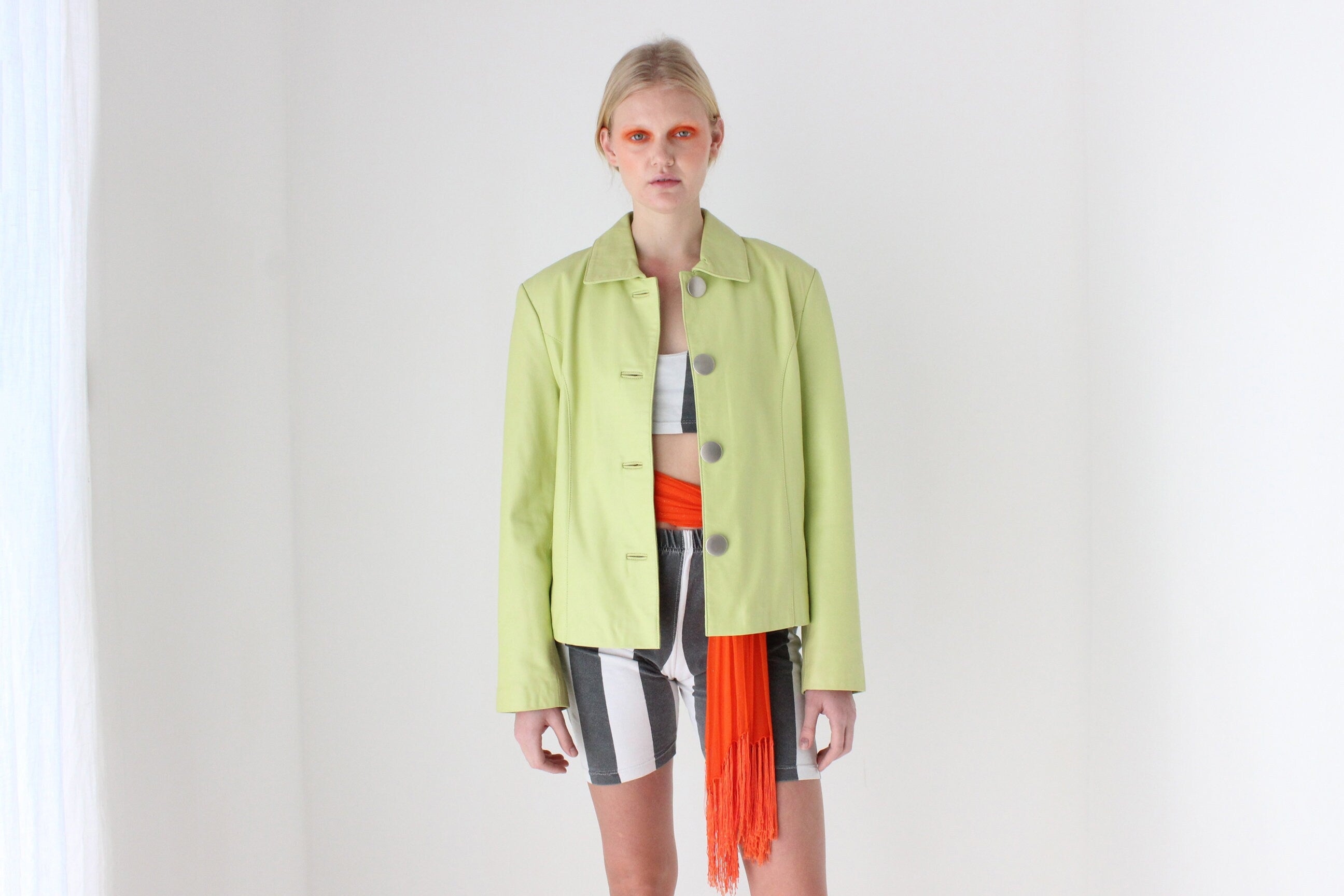 Y2K Lemon Lime Leather Boxy Cropped Jacket by La Vee