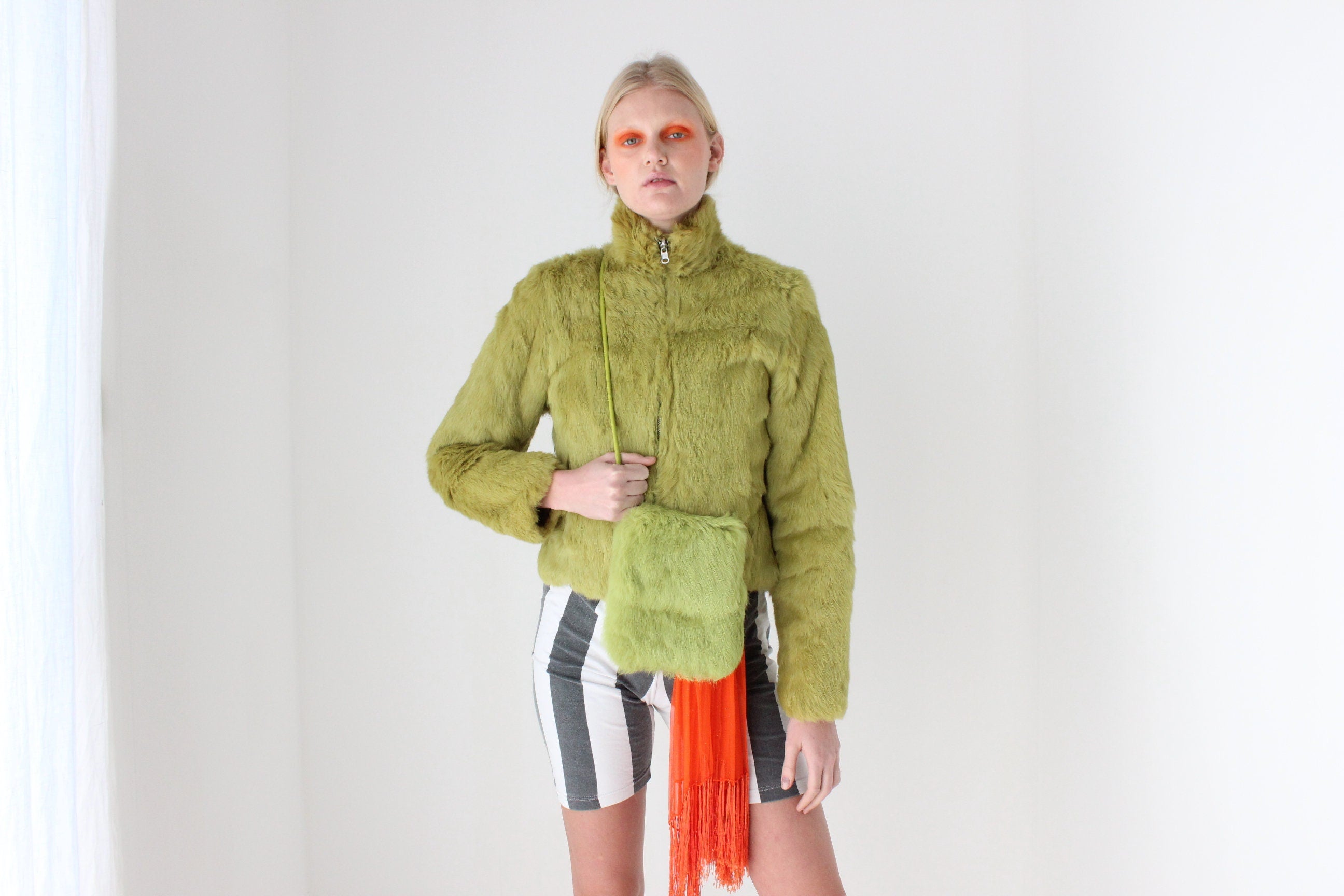 Y2K Real Rabbit Fur Cropped Bomber Jacket w/ Reversible Quilted Option & Matching Bag!