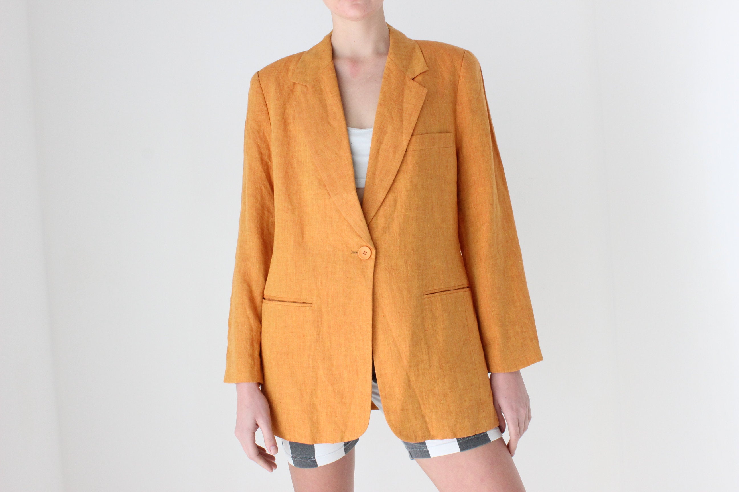 90s {Pure Linen} Apricot Single Button Fitted Suit Blazer
