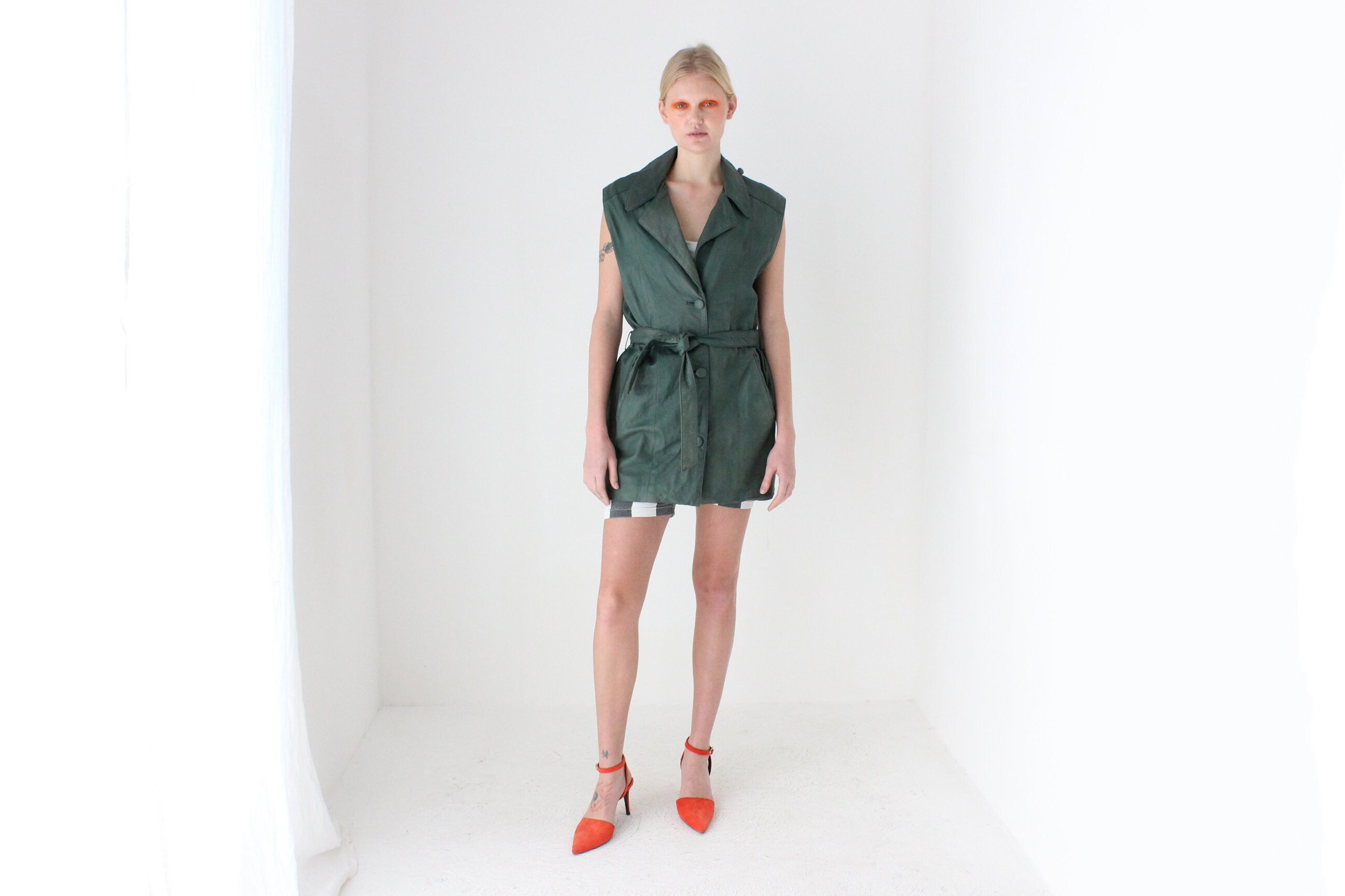 80s Deep Green Leather Long Waistcoat Vest w/ Waist Tie