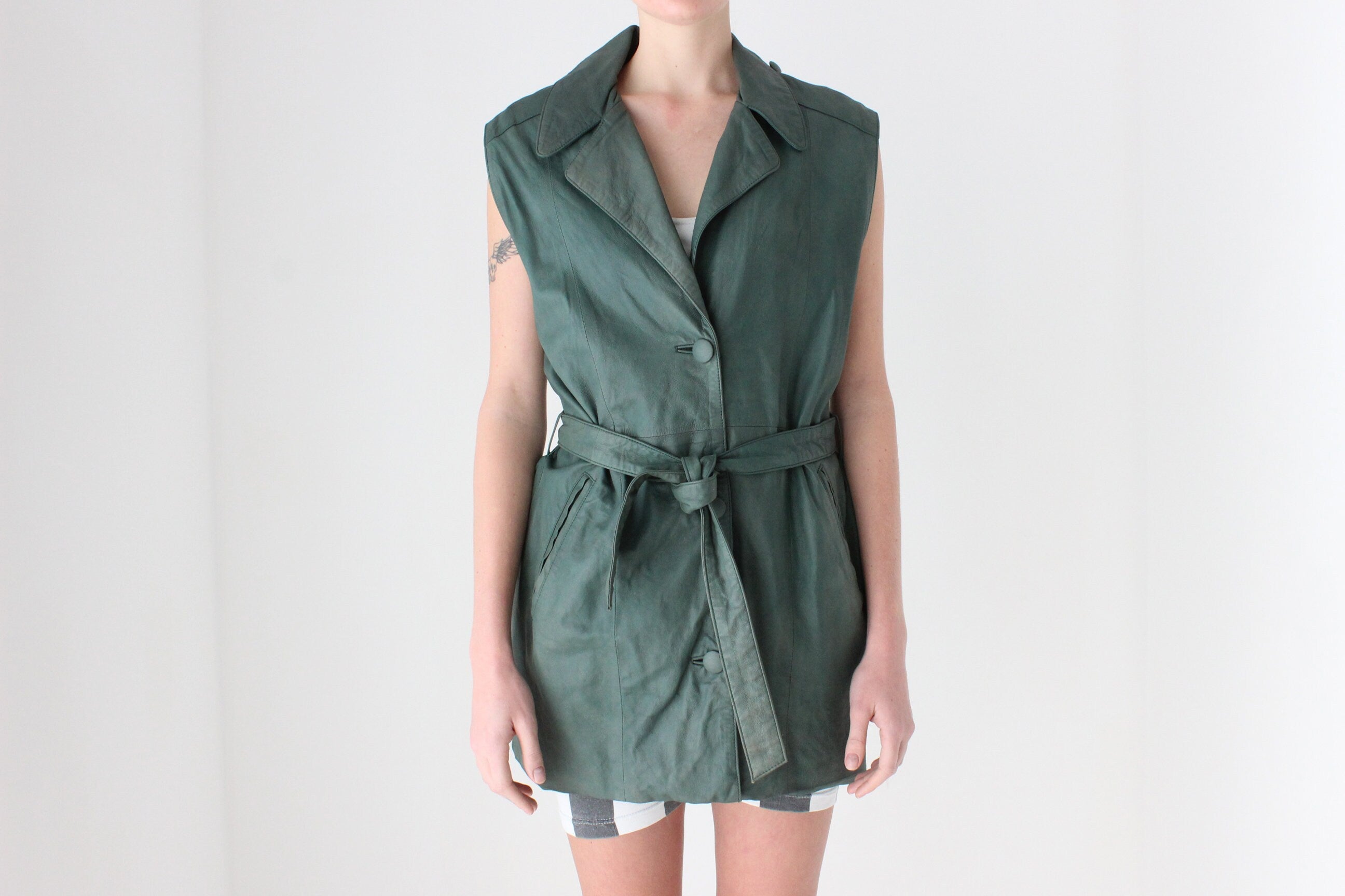 80s Deep Green Leather Long Waistcoat Vest w/ Waist Tie