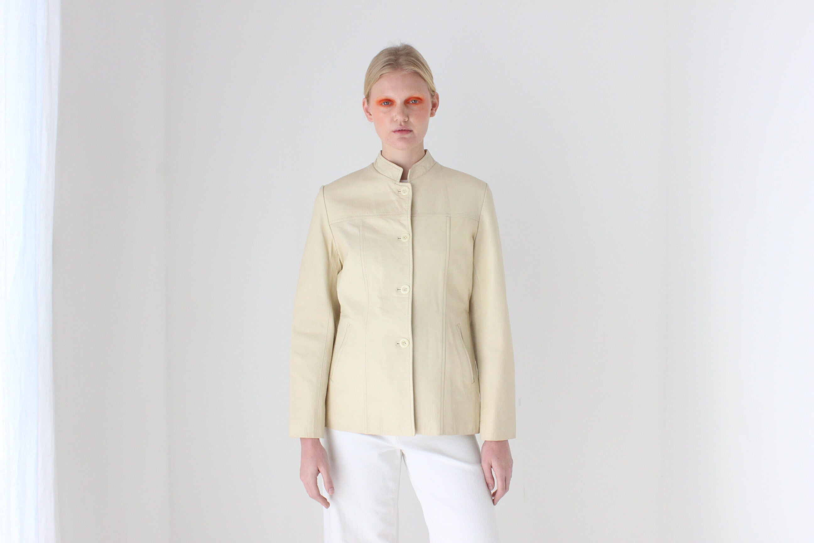 90s Cream Leather Mandarin Collar Jacket