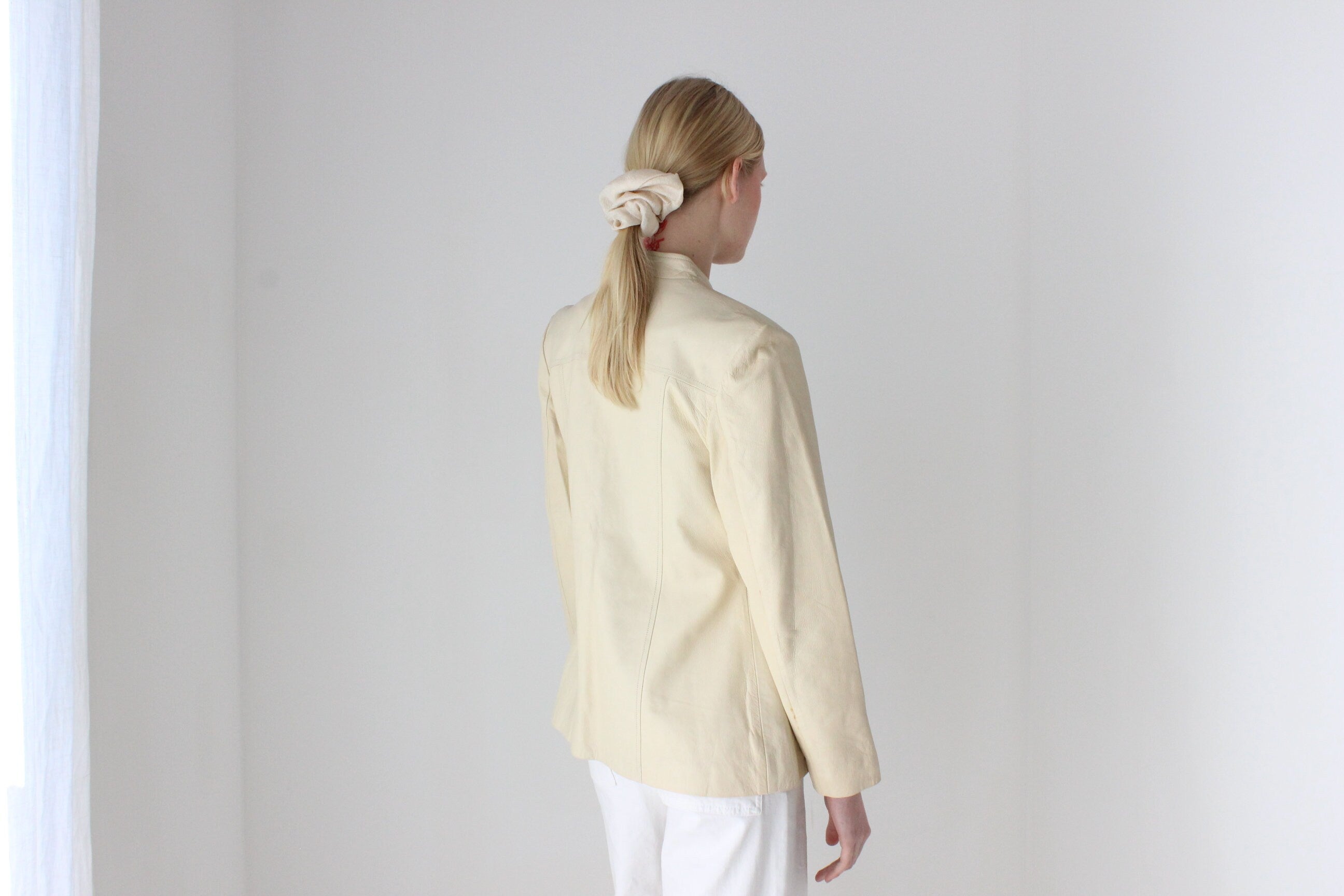 90s Cream Leather Mandarin Collar Jacket