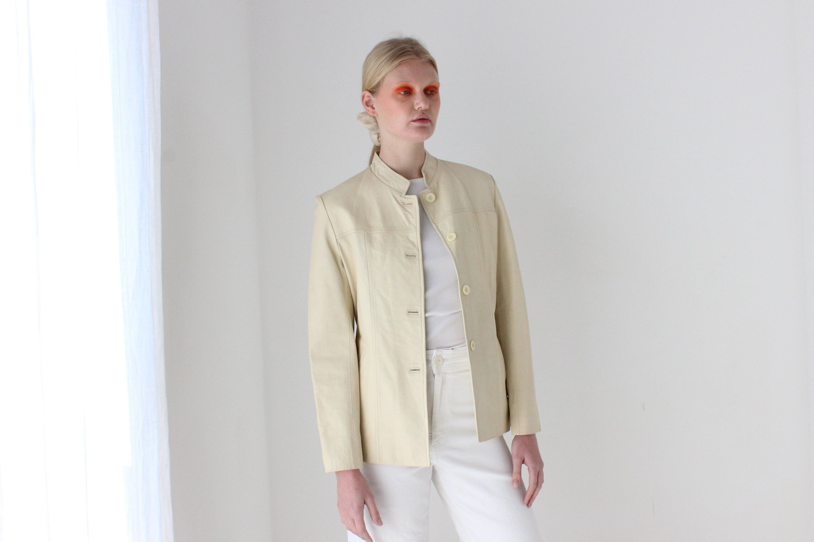90s Cream Leather Mandarin Collar Jacket