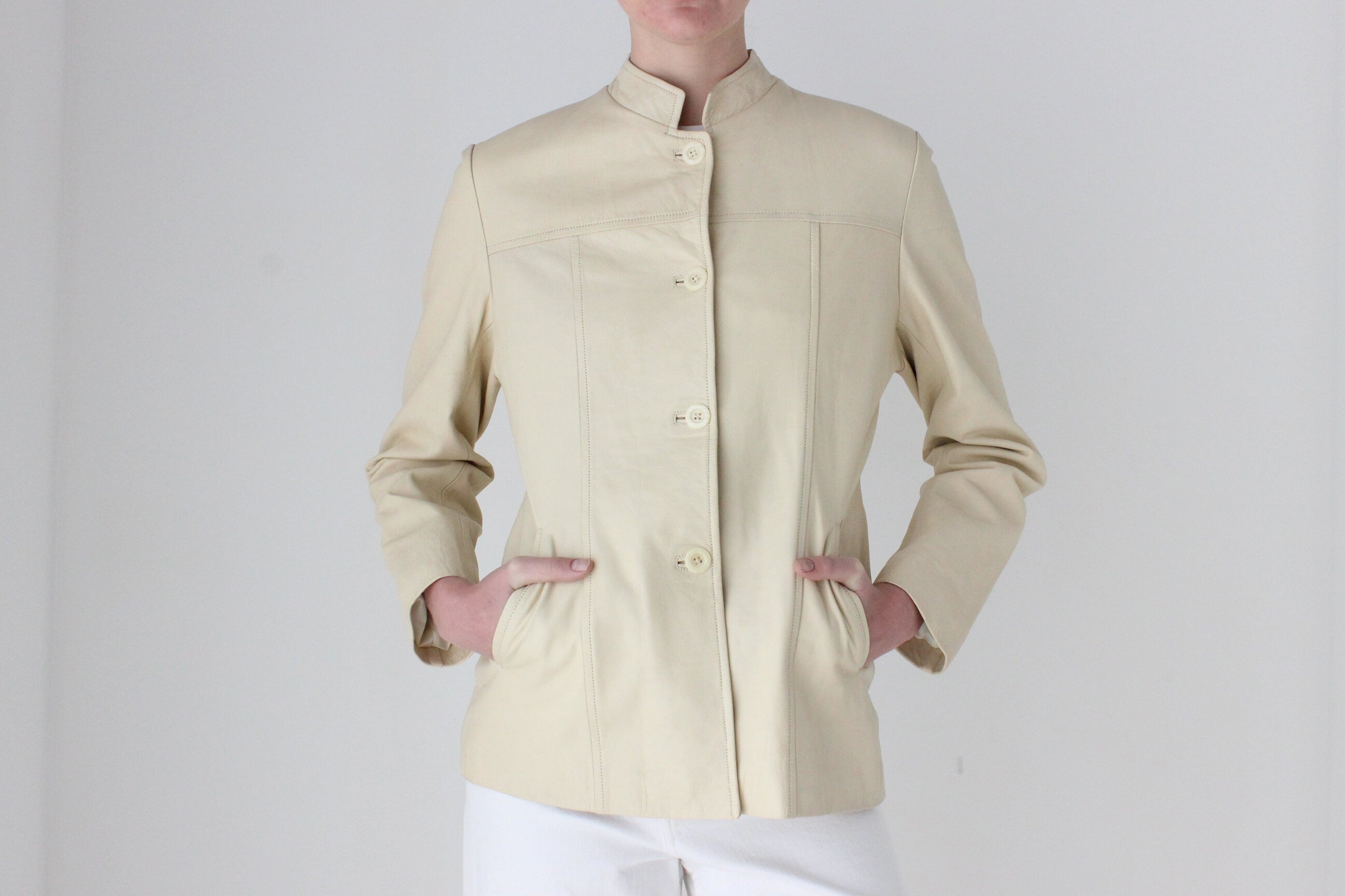 90s Cream Leather Mandarin Collar Jacket