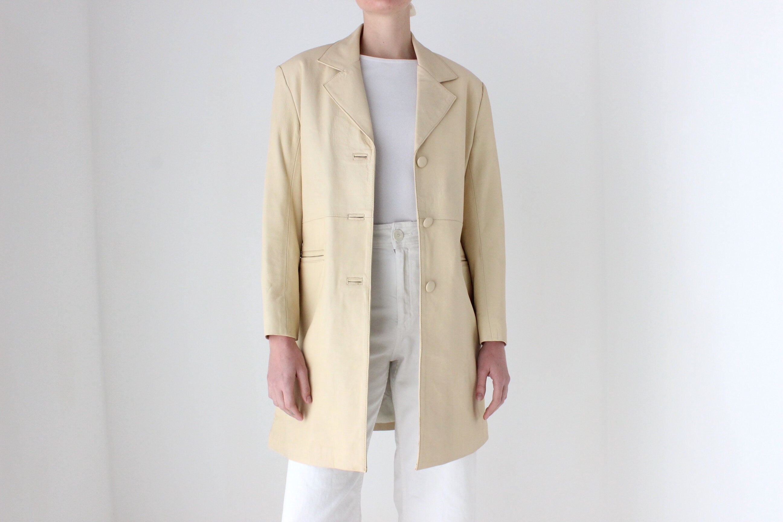 Sleek, Minimal 90s {Real Leather} Custom Made Ecru Cream Long Coat