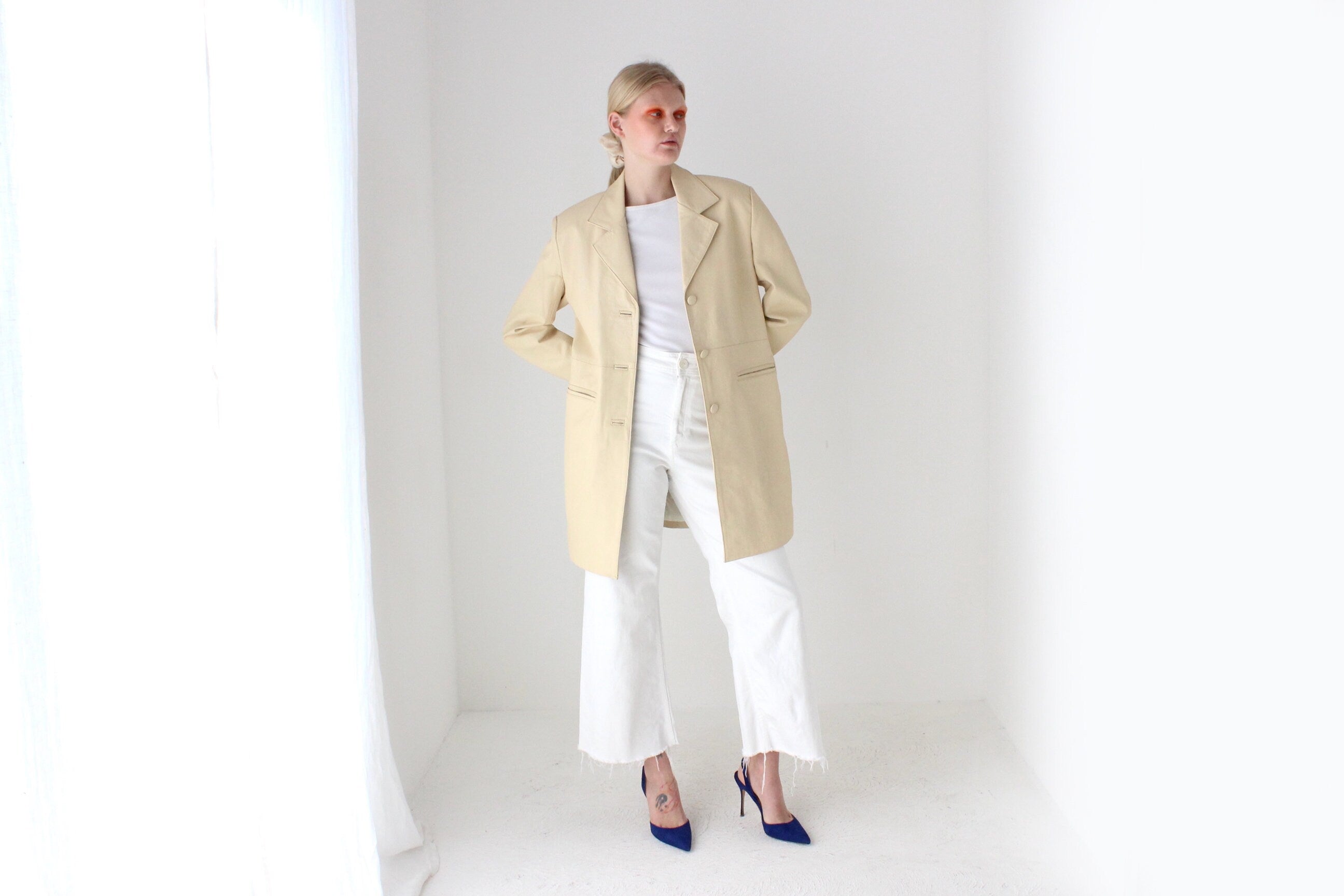Sleek, Minimal 90s {Real Leather} Custom Made Ecru Cream Long Coat