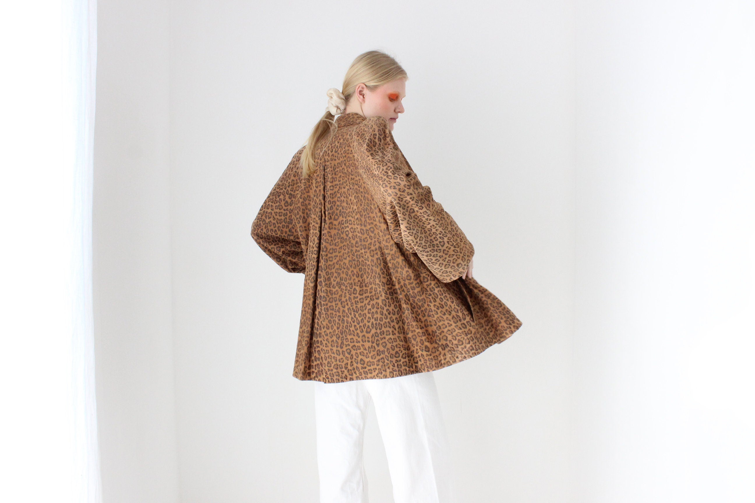 80s Designer Leopard Print Suede Luxury Swing Coat