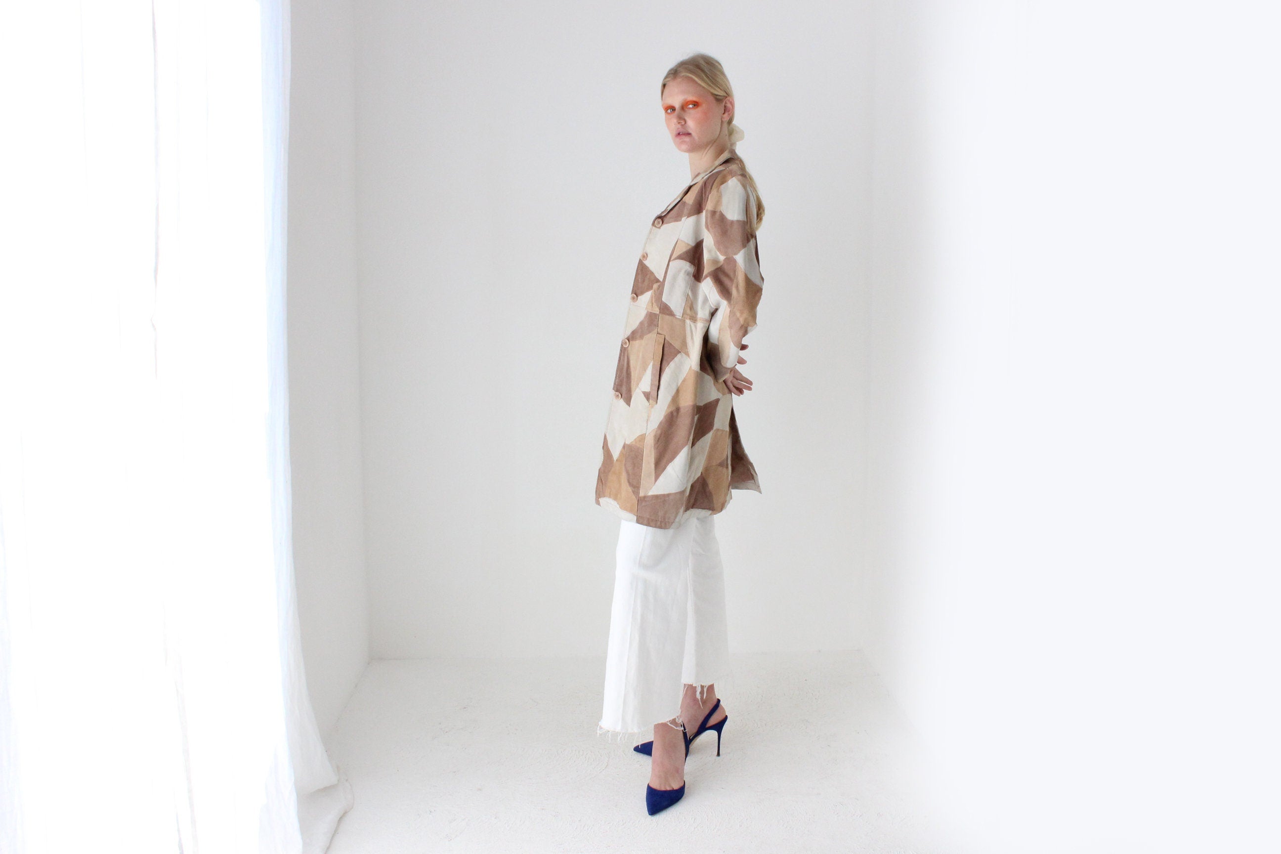 90s does 70s Robert Louis Suede Leather Earthy Caramel Tone PATCHWORK A-Line Swing Trench Coat/Jacket