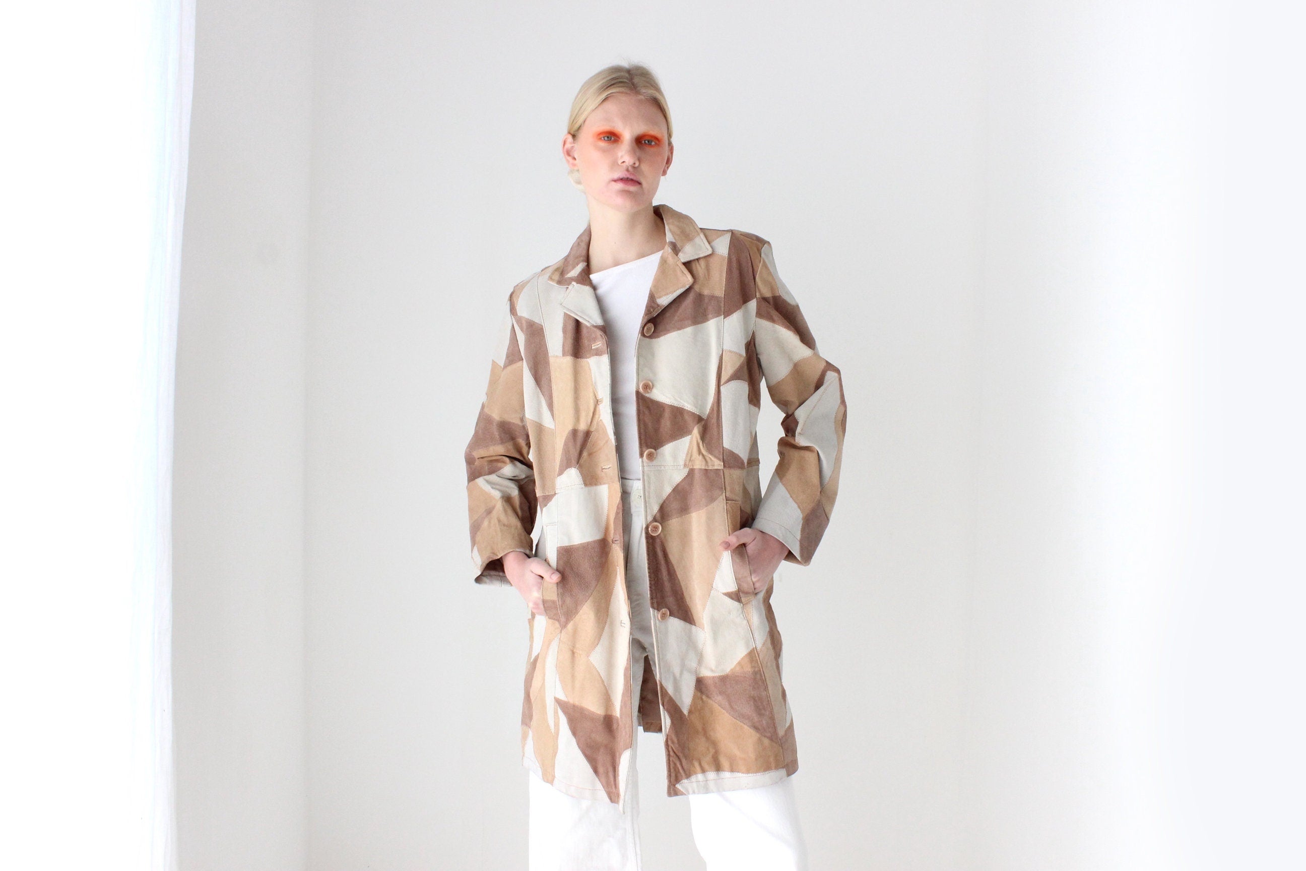 90s does 70s Robert Louis Suede Leather Earthy Caramel Tone PATCHWORK A-Line Swing Trench Coat/Jacket