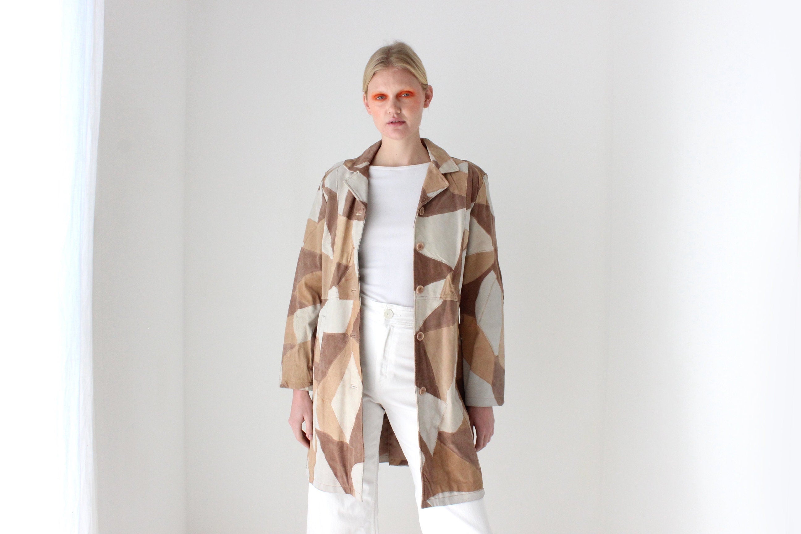 90s does 70s Robert Louis Suede Leather Earthy Caramel Tone PATCHWORK A-Line Swing Trench Coat/Jacket