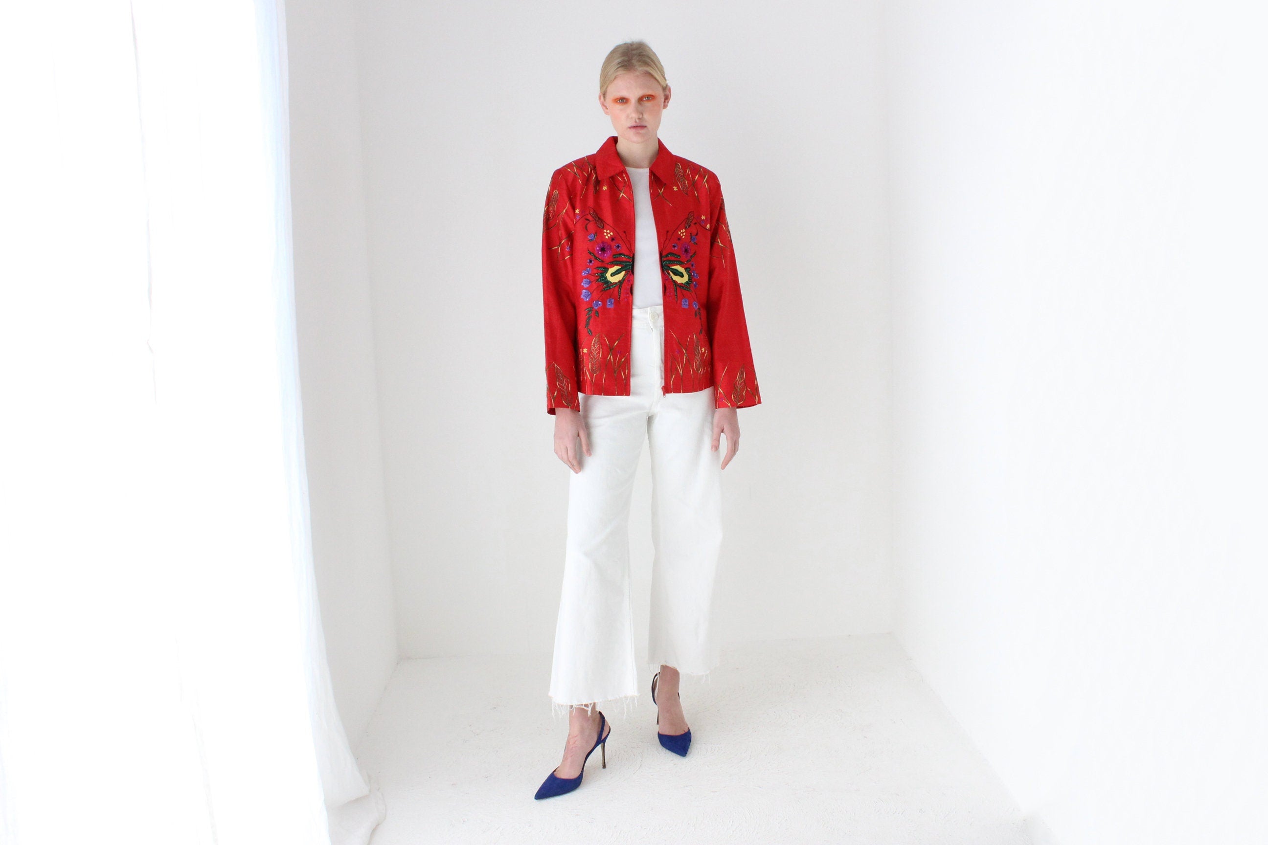 80s Raw Silk Butterfly Maximalist Embroidered Boxy Jacket