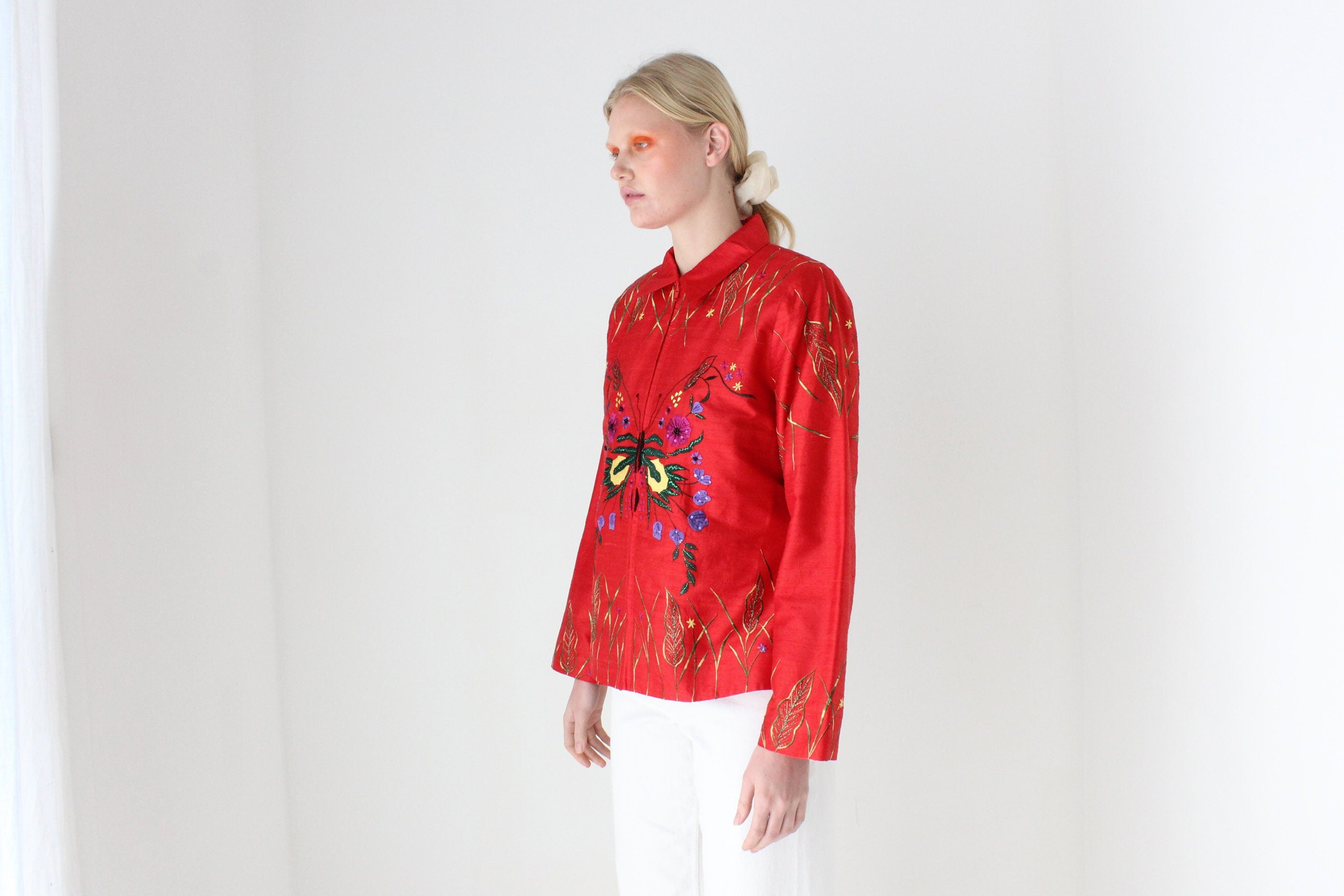 80s Raw Silk Butterfly Maximalist Embroidered Boxy Jacket