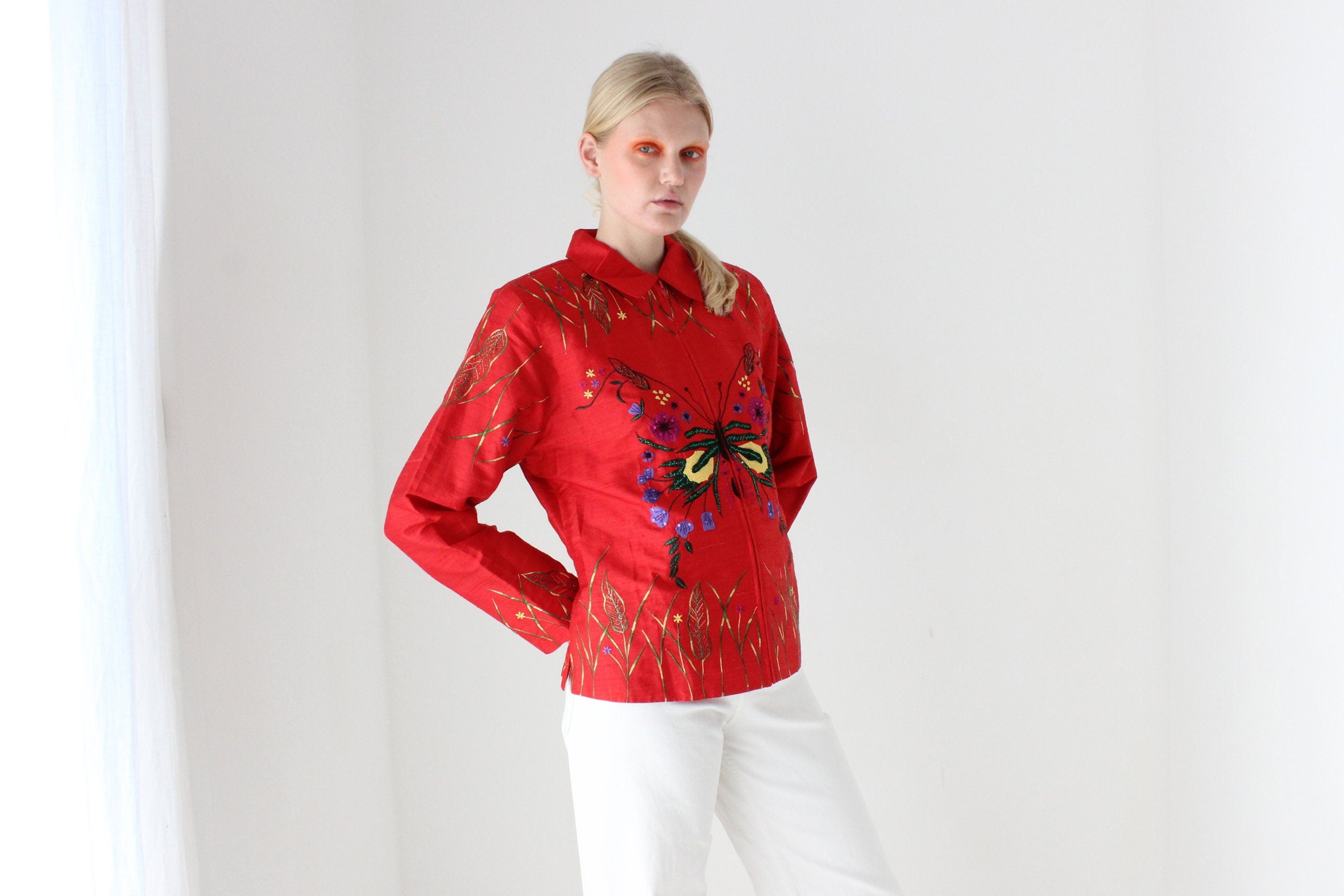 80s Raw Silk Butterfly Maximalist Embroidered Boxy Jacket