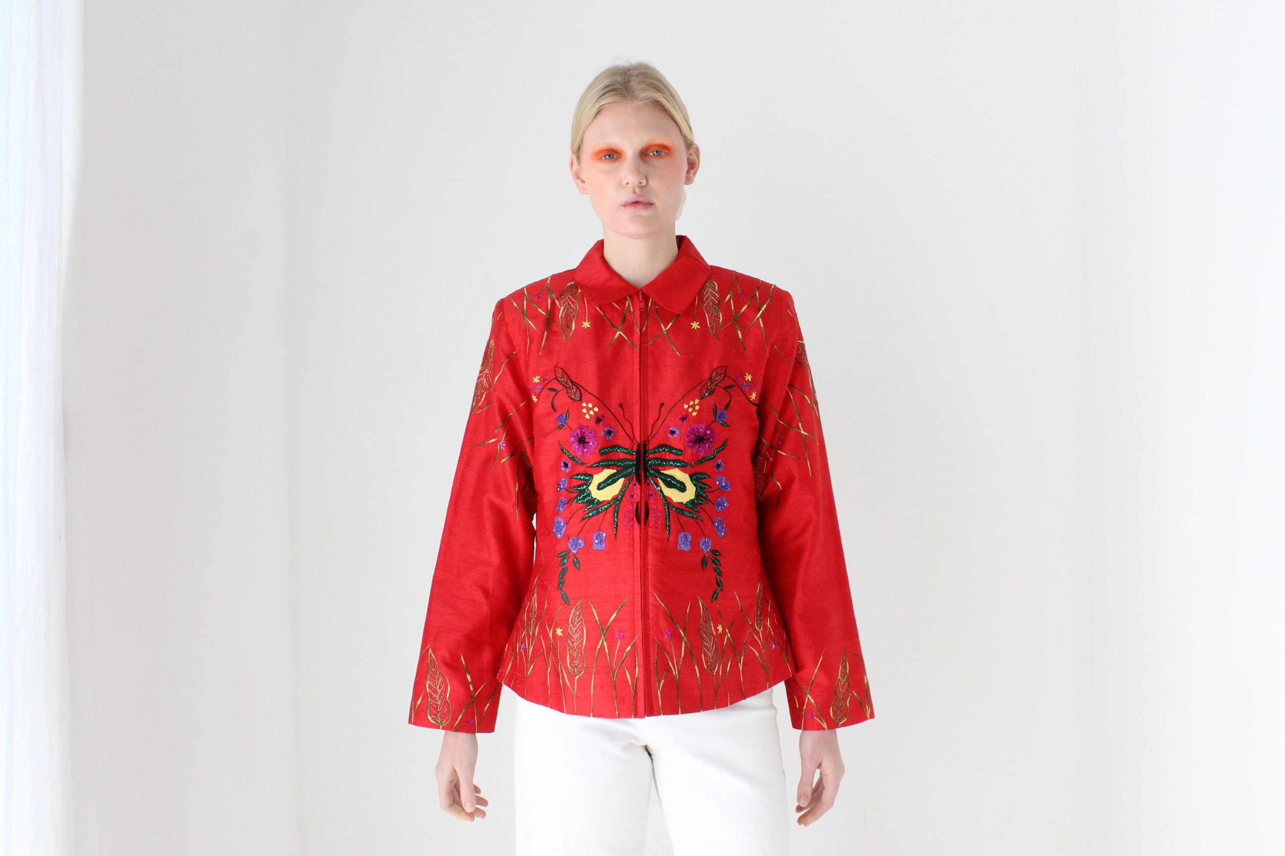 80s Raw Silk Butterfly Maximalist Embroidered Boxy Jacket