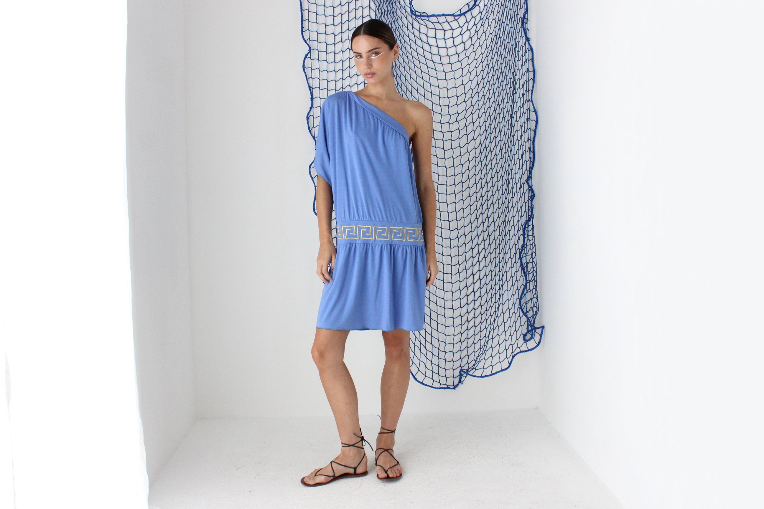 MADE IN GREECE Y2K Jersey One Shoulder Mini Dress w/ Greek Key Motif