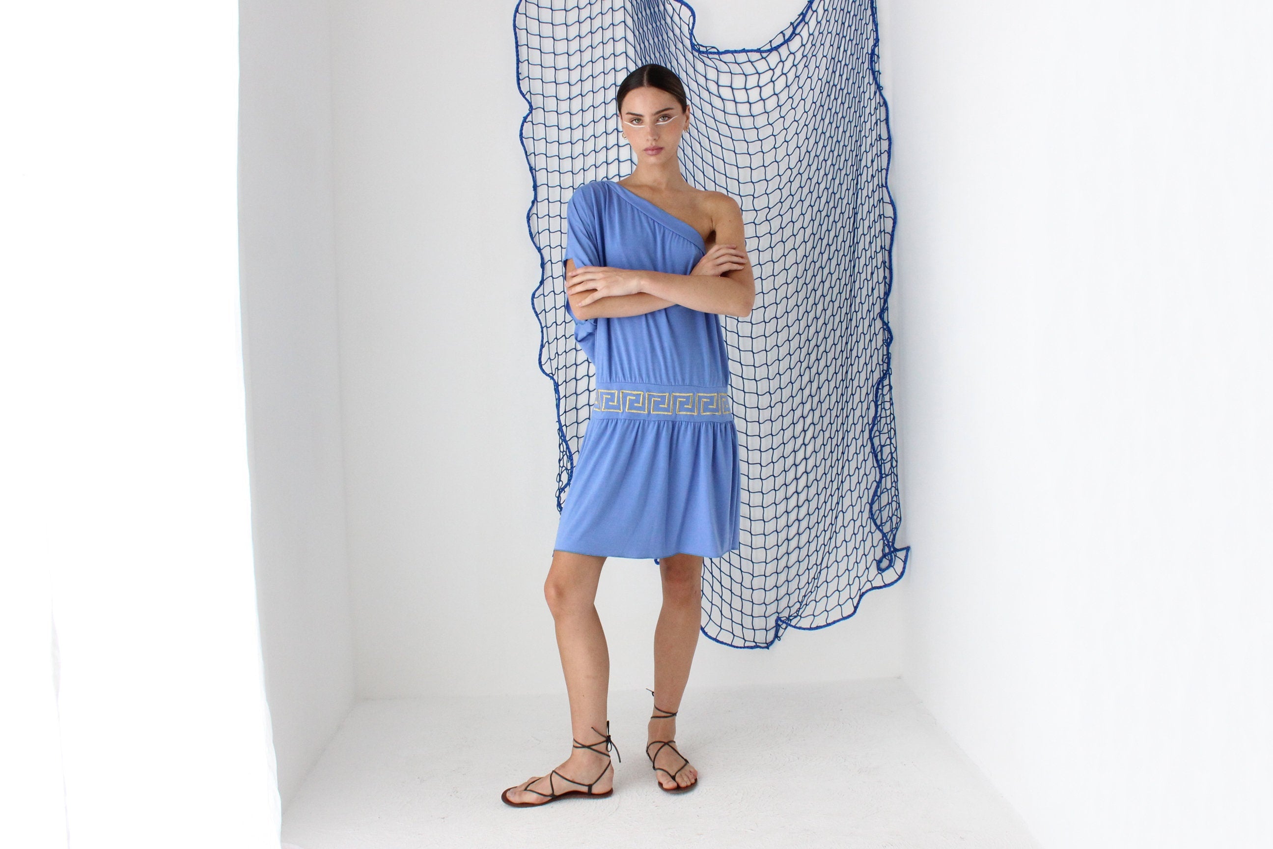MADE IN GREECE Y2K Jersey One Shoulder Mini Dress w/ Greek Key Motif