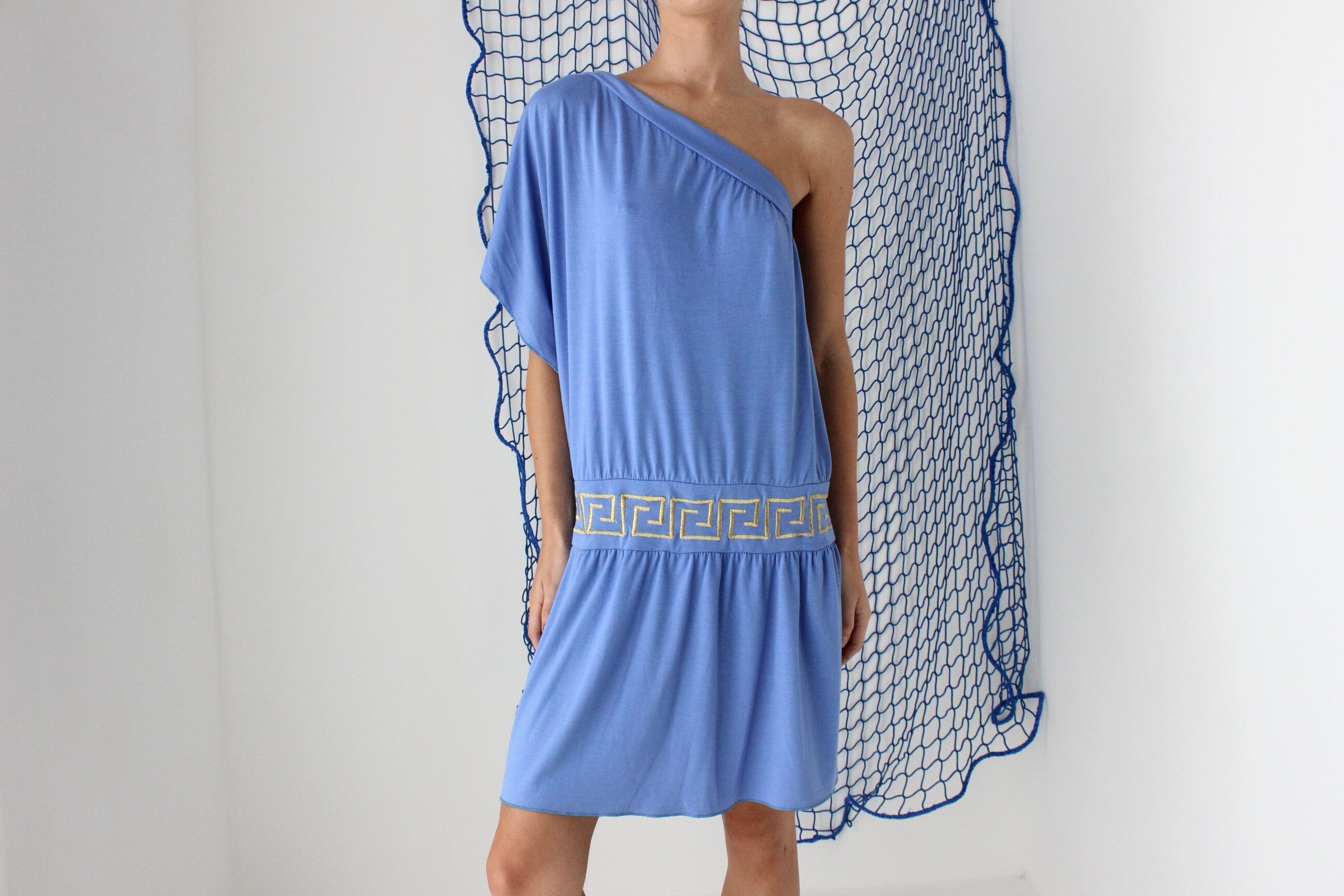 MADE IN GREECE Y2K Jersey One Shoulder Mini Dress w/ Greek Key Motif