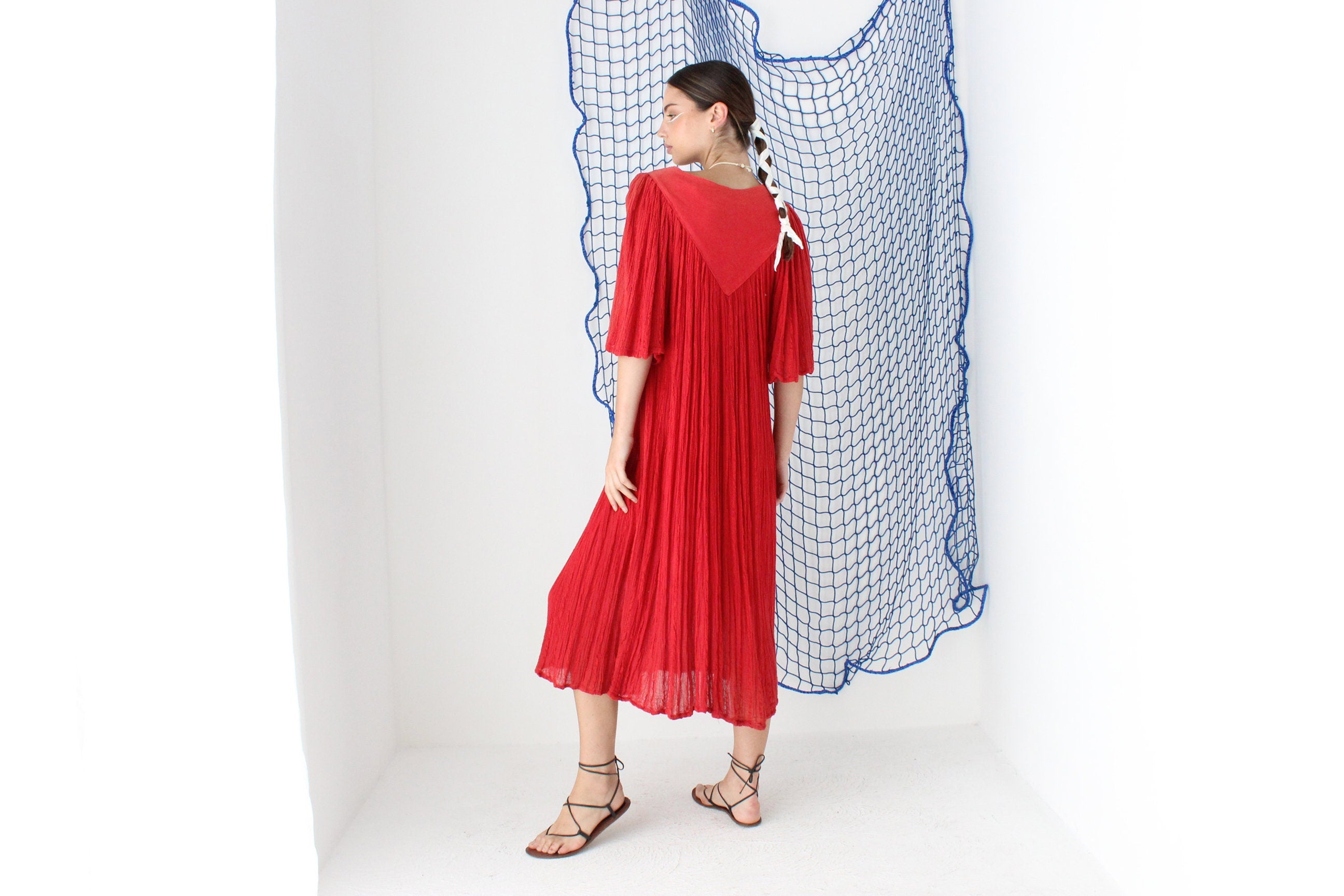 MADE IN GREECE 90s Cotton Gauze Smock Dress