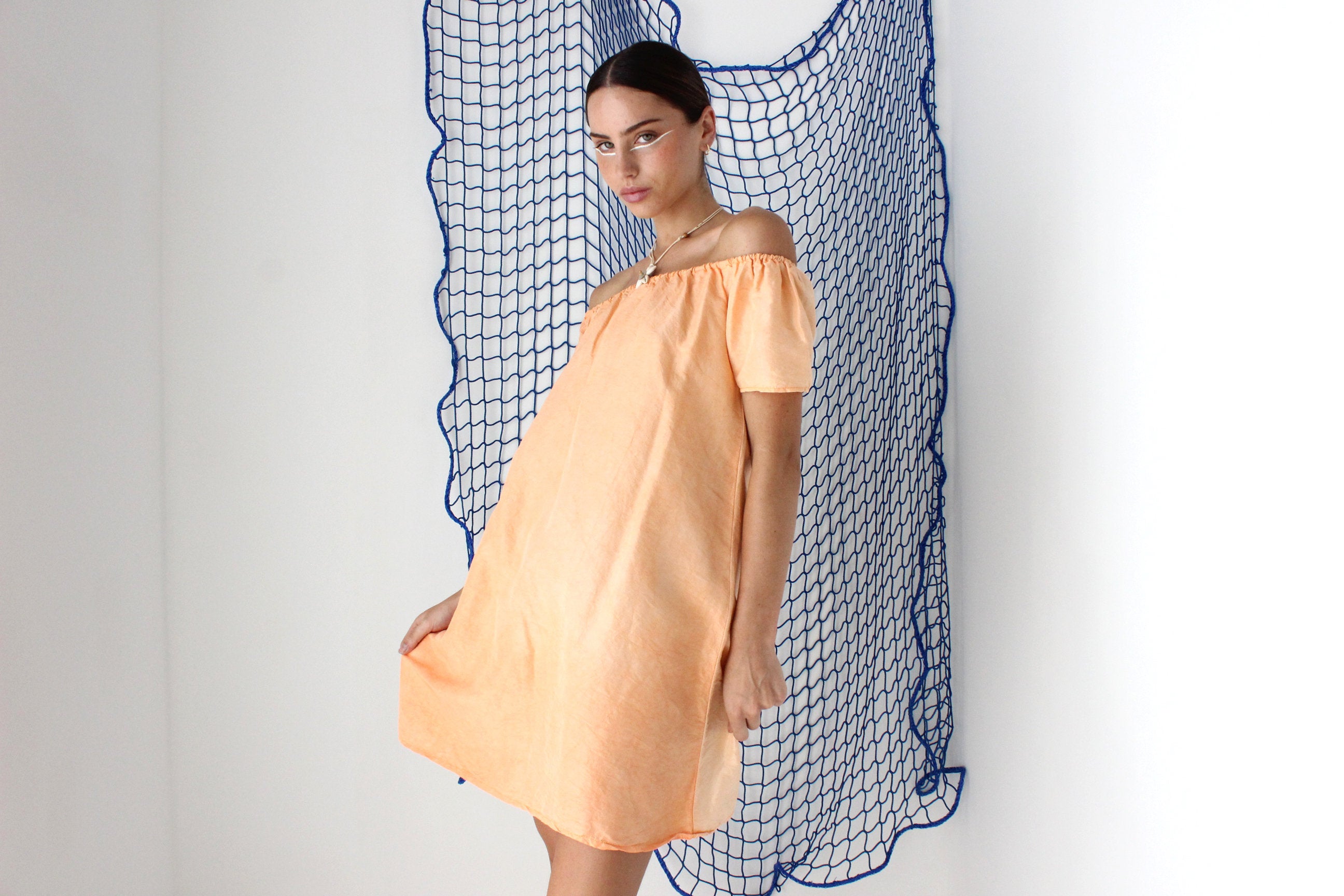 FOUND IN GREECE Sherbet Silk Taffeta Off Shoulder Mini