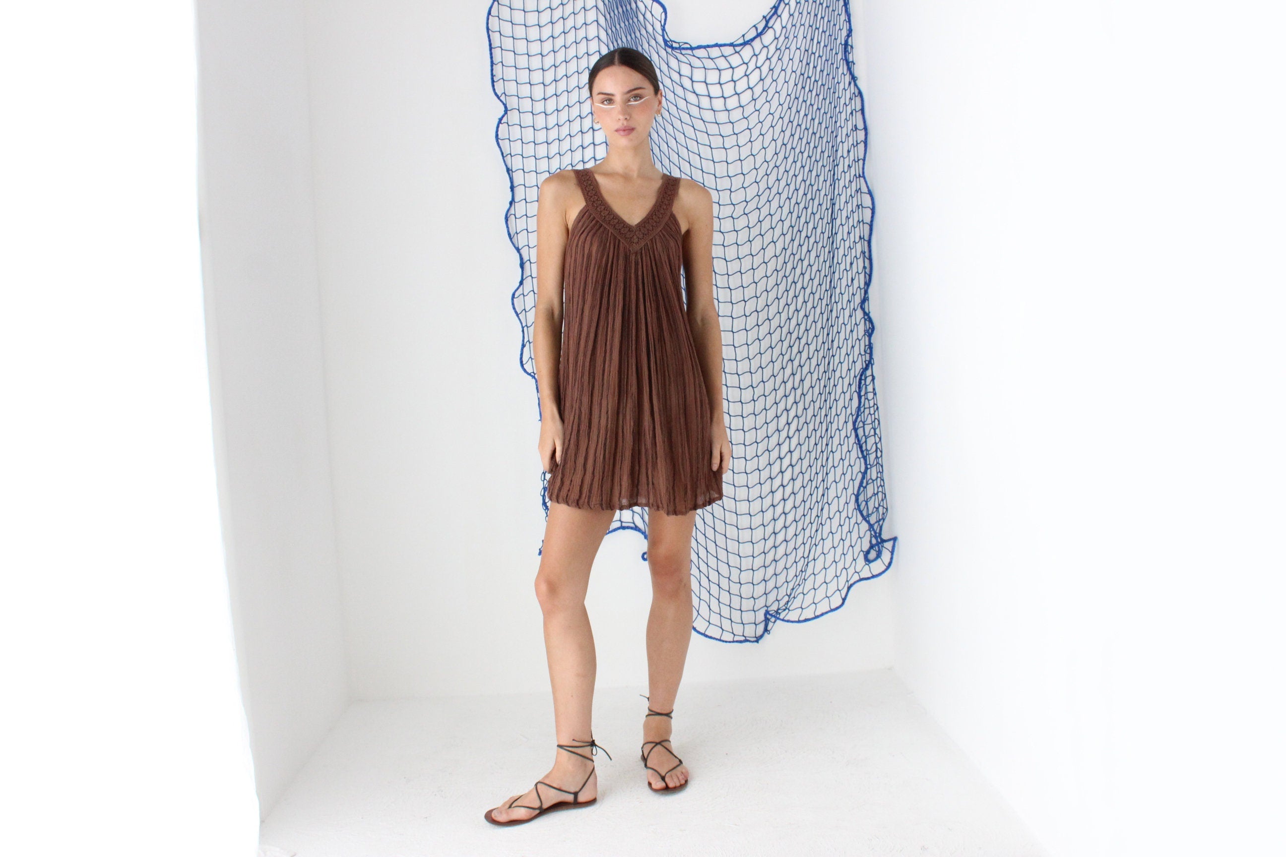 MADE IN GREECE 90s Cotton Gauze Trapeze Mini Dress