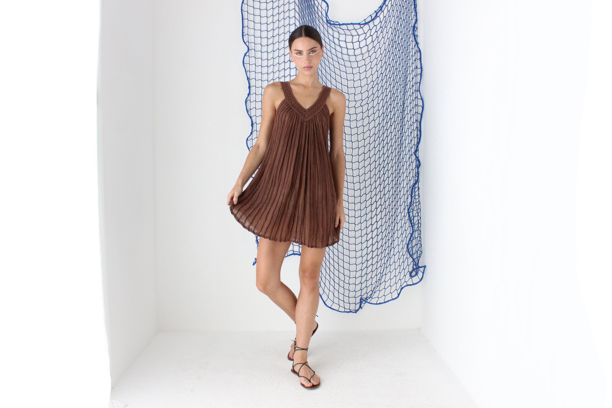 MADE IN GREECE 90s Cotton Gauze Trapeze Mini Dress
