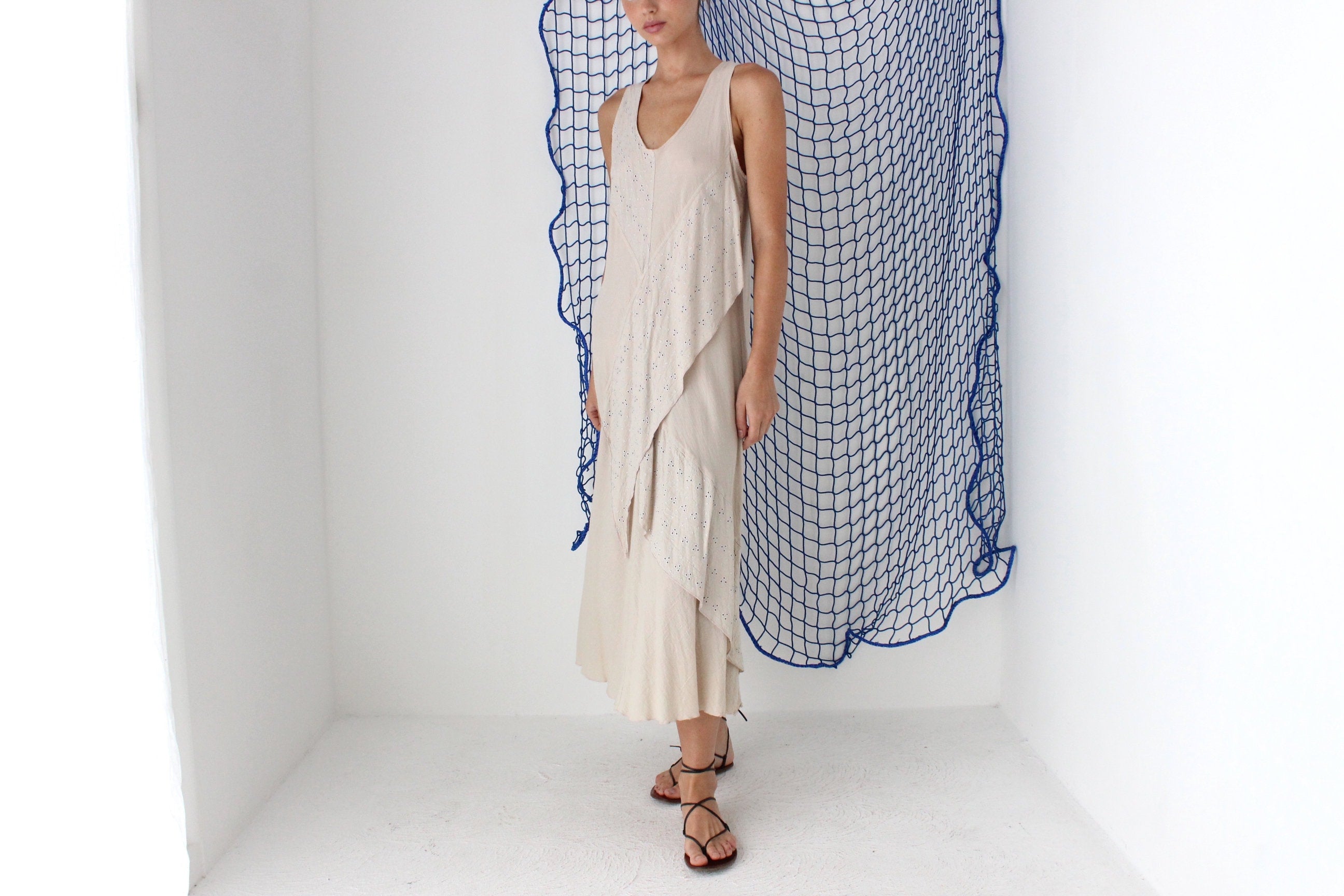 MADE IN GREECE 90s Cotton Eyelet Gauze Relaxed Dress
