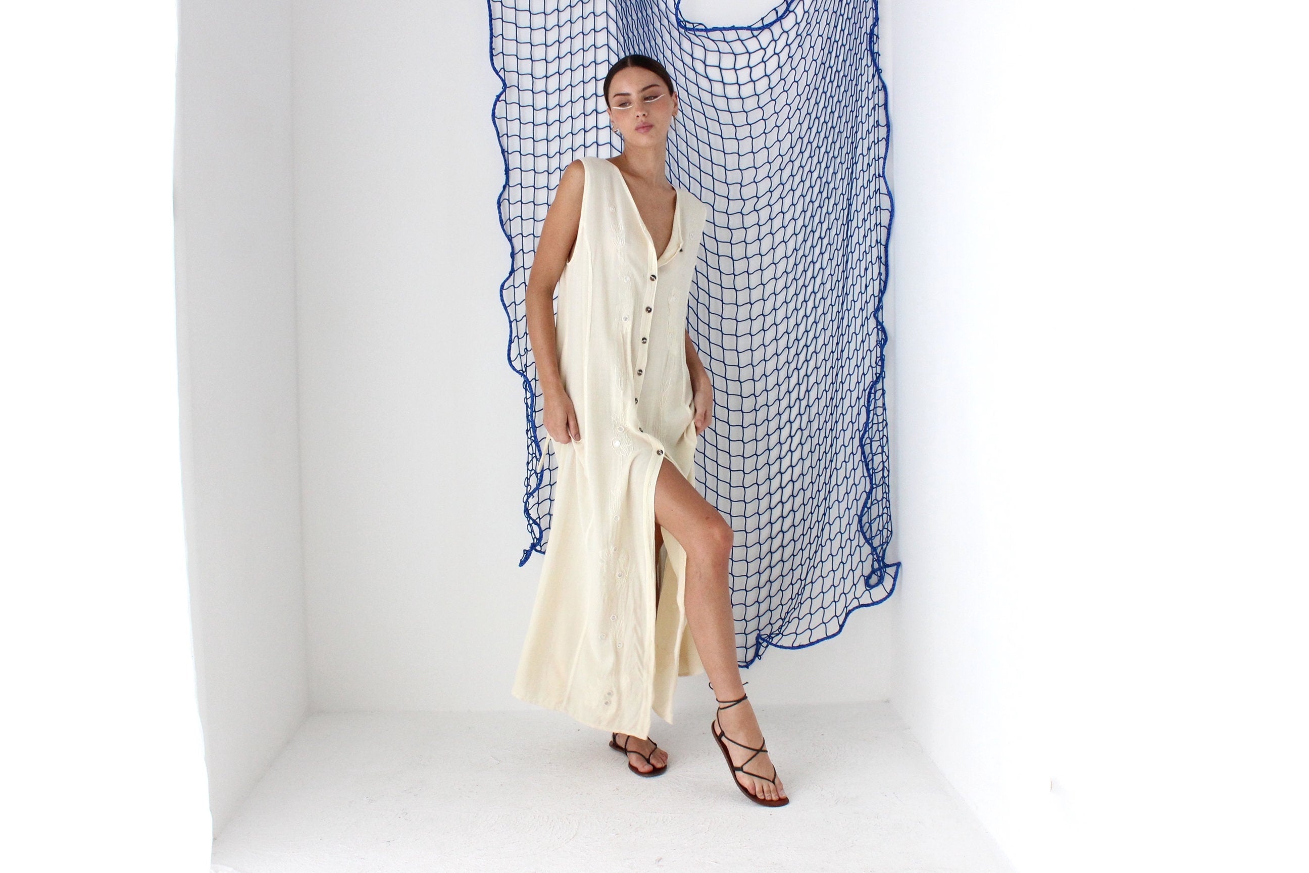 FOUND IN GREECE 90s Gauze Relaxed Button Front Dress w/ Mirror Embellishment